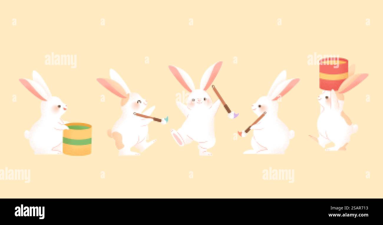 Lapins mignons dessinés à la main isolés sur fond beige. Mascottes d'animaux de vacances adaptées à la décoration de Pâques ou de Mid Autumn Festival.. Collection lapin de Pâques Illustration de Vecteur