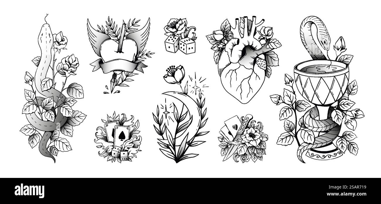 Tatouage possible Design rétro de l'ancienne école avec couteau de bande dessinée et roses. Ancre isolée ou tatouage croisé. Cartes à jouer et dés de jeu. Ensemble de dessins à l'encre traditionnelle noir classique vectoriel. Tatouage possible Motif rétro imprimé rétro Old School avec couteau et roses. Ancre isolée ou tatouage croisé. Cartes à jouer et dés de jeu. Jeu de dessins à l'encre traditionnelle noir vectoriel Illustration de Vecteur
