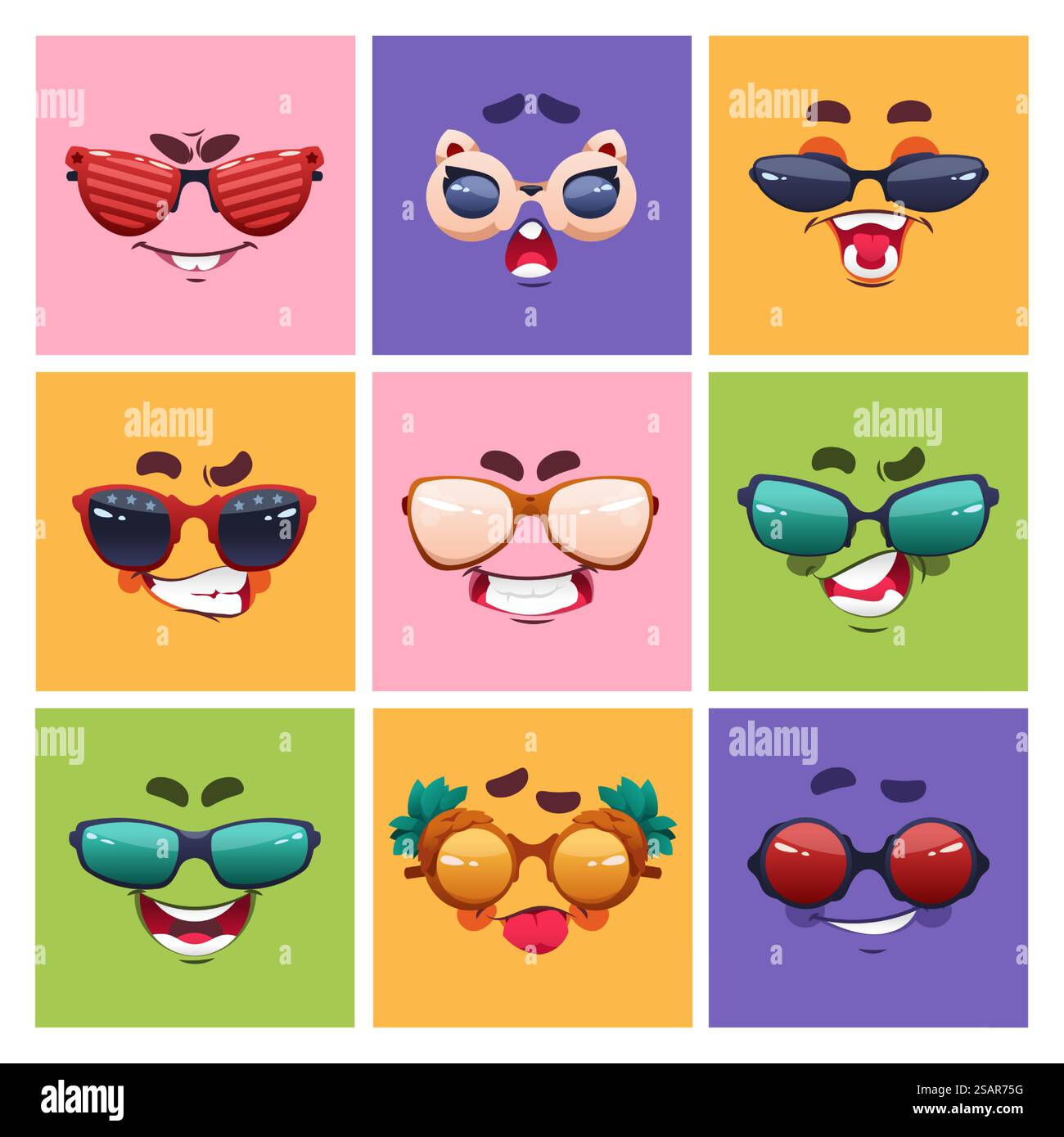 Visage avec lunettes émotion. Personnages drôles de dessin animé avec des expressions comiques et des lunettes de soleil. Joyeux nerd souriant avatar mignon. Sourcils et bouche riante. Ensemble vectoriel d'émotions joyeuses avec des lunettes. Visage avec lunettes émotion. Personnages de dessins animés avec expressions comiques et lunettes de soleil. Avatar mignon nerd souriant. Sourcils et bouche riante. Ensemble vectoriel d'émotions joyeuses avec des lunettes Illustration de Vecteur