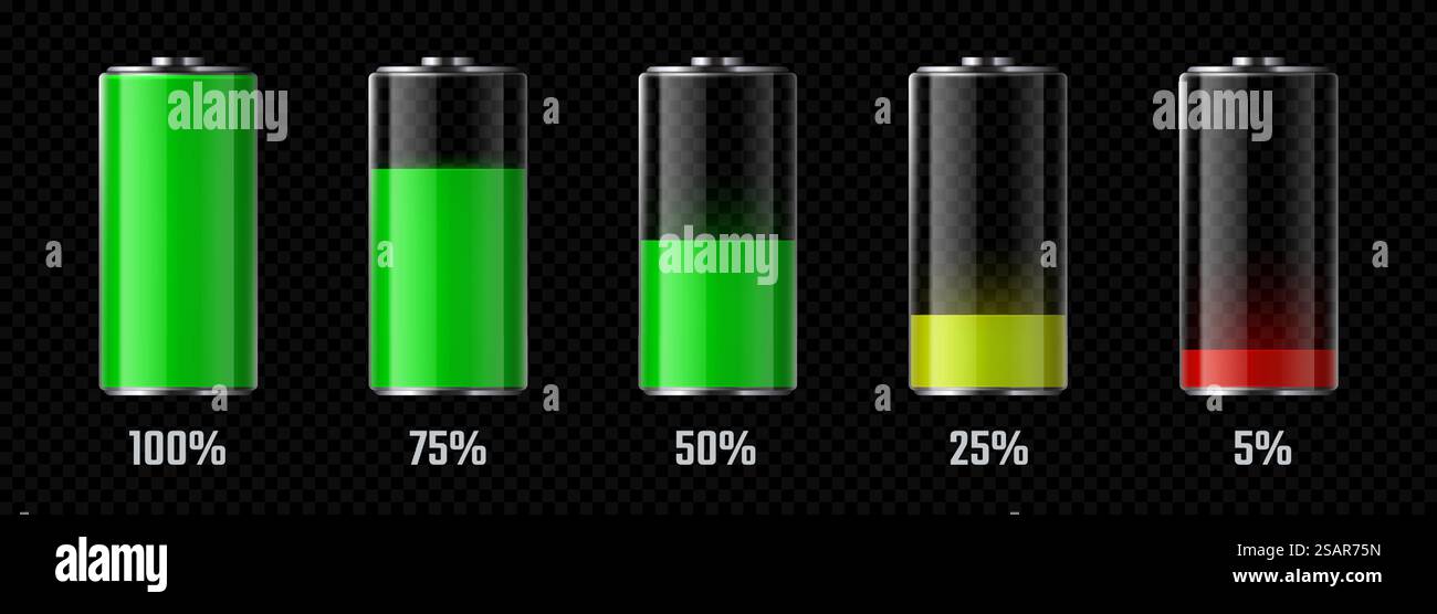 Indicateur de charge de la batterie. Icônes vides et pleins d'accumulateur électrique réaliste, symboles de cellules de batterie. Illustration vectorielle batteries de charge réalistes. Indicateur de charge de la batterie. Icônes vides et pleins d'accumulateur électrique réaliste, symboles de cellules de batterie. Illustration vectorielle basse énergie Illustration de Vecteur
