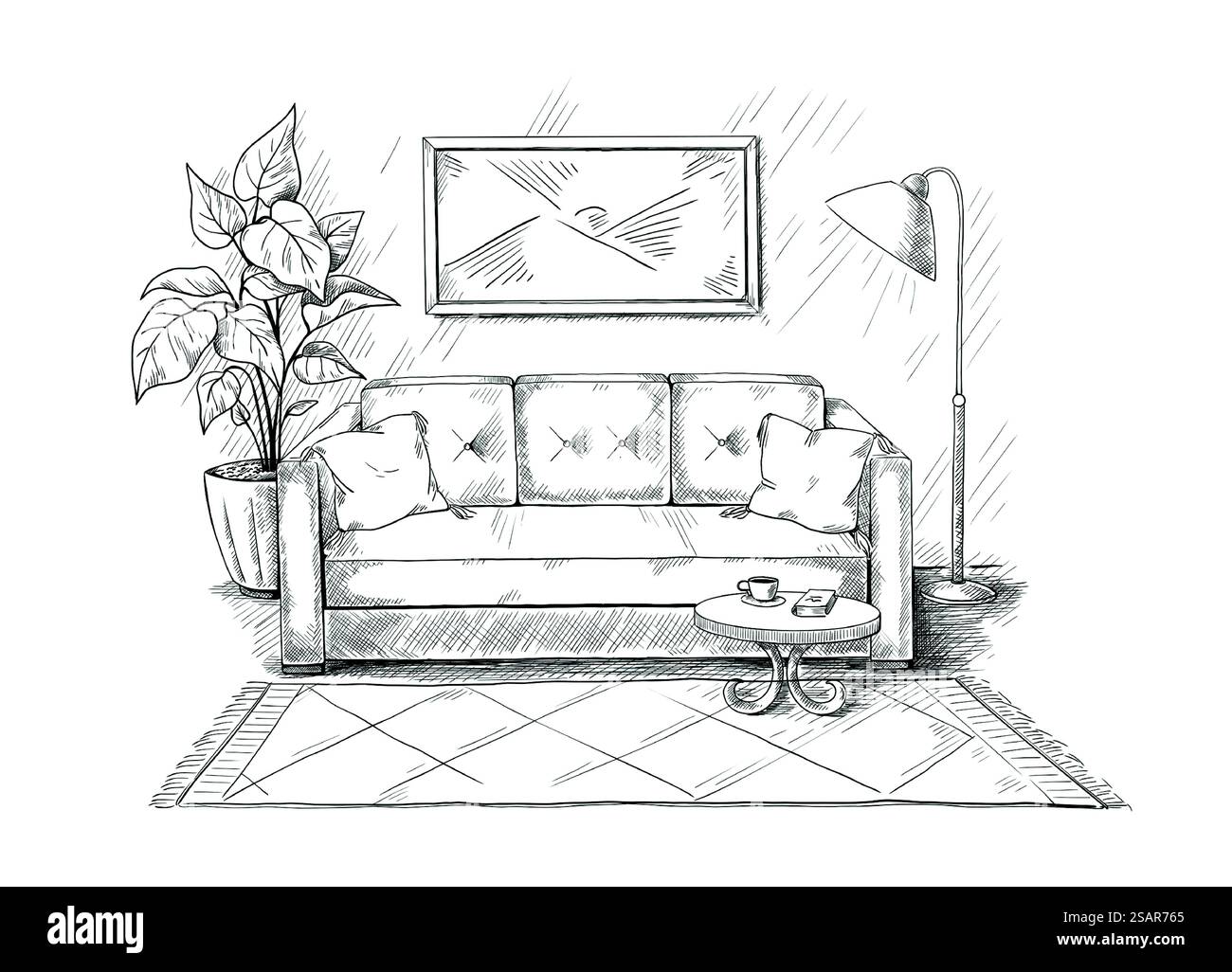 Croquis intérieur de la pièce. Intérieur de l'appartement avec canapé et lampadaire. Mobilier de maison. Canapé dessiné à la main avec coussins doux et plante à la maison. Peintures sur le mur. Tapis confortable et table. Illustration vectorielle. Croquis intérieur de la pièce. Intérieur de l'appartement avec canapé et lampe. Mobilier de maison. Canapé dessiné à la main avec coussins et plante à la maison. Peintures sur le mur. Tapis confortable et table. Illustration vectorielle Illustration de Vecteur