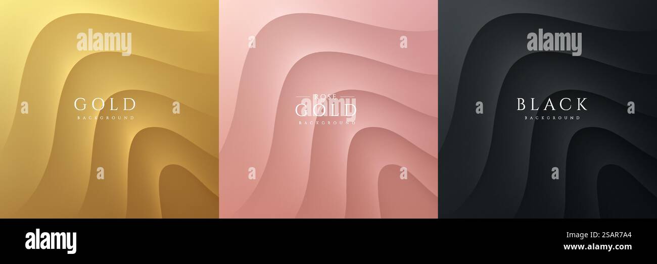 Ensemble de motif d'ondulations abstraites de vagues 3D sur fond doré, or rose, noir. Courbe topographie lignes de contour texture avec lumière et ombre. Design de modèle luxueux et élégant. Illustration vectorielle. Illustration de Vecteur