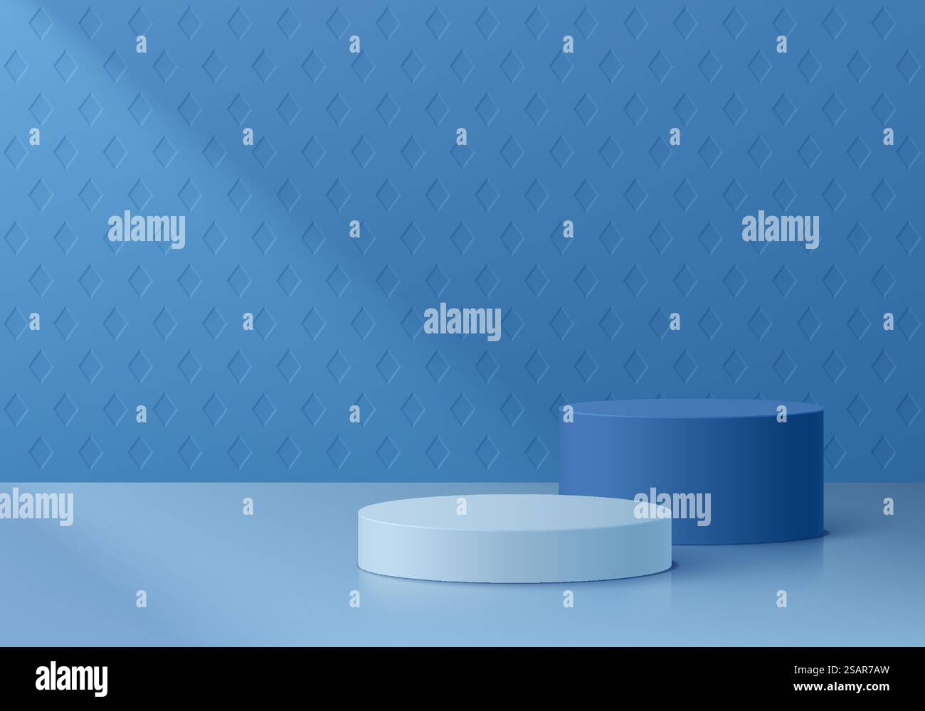 Salle 3D abstraite avec un ensemble de podium de produit de stand de cylindre bleu et blanc réaliste, fond de texture de motif de forme de diamant. Présentation minimale de maquette de scène murale. Formes géométriques vectorielles. Scène pour la vitrine. Illustration de Vecteur
