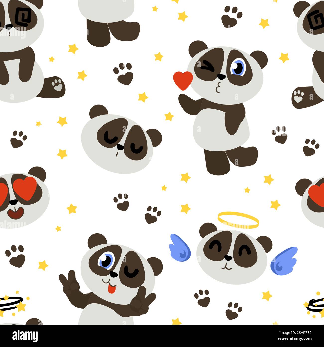 Motif panda mignon. Impression sans couture avec mascotte drôle d'ours chinois bébé et feuilles de bambou. Heureux caractère animal asiatique avec des coeurs d'amour et des ailes d'ange. Empreintes de pattes et étoiles. Texture Vector Kids. Motif panda mignon. Impression sans couture avec mascotte drôle d'ours chinois bébé et feuilles de bambou. Caractère animal asiatique avec des coeurs d'amour et des ailes d'ange. Empreintes de pattes et étoiles. Texture vectorielle Illustration de Vecteur