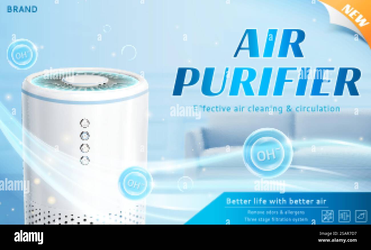 purificateur d'air domestique 3d ad. L'air frais sort de la machine de purificateur d'air dans le salon. Purificateur d'air domestique ad Illustration de Vecteur