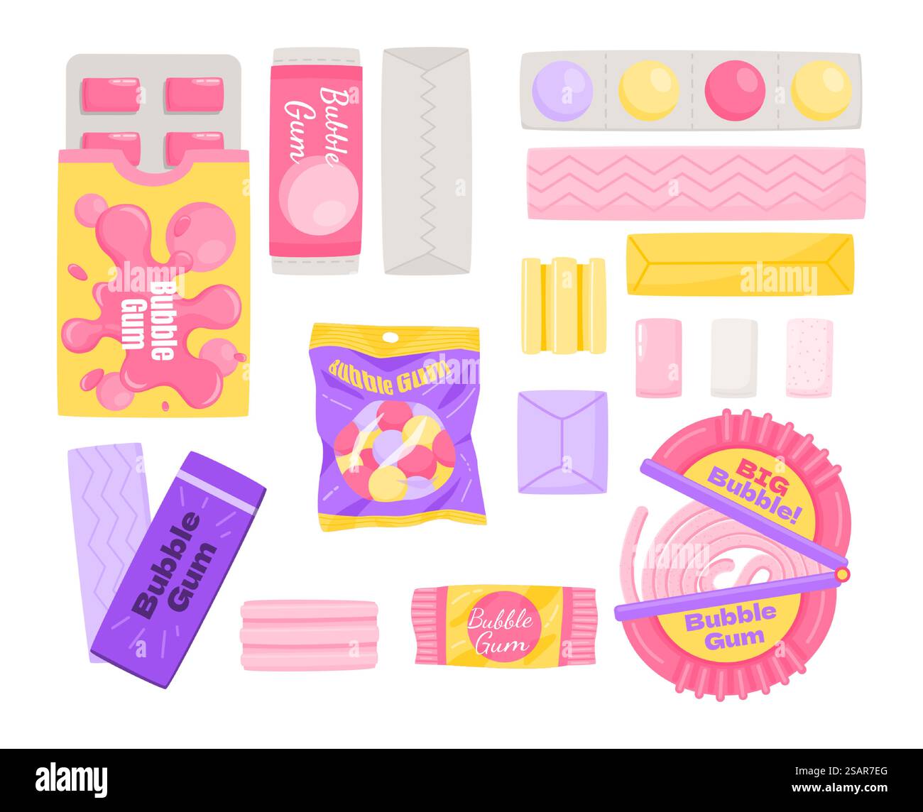 Gomme à bulles de dessin animé. Bonbons à mâcher pour dessins animés. Tampons colorés. Boules à mâcher et bâtonnets de menthe dans des emballages ou des blisters. Dragée délicieuse enveloppée et rayée. Bonbons pour l'hygiène buccale. Ensemble de bubblegum rose isolé par vecteur. Gomme à bulles de dessin animé. Bonbons à mâcher pour dessins animés. Tampons colorés. Boules à mâcher et bâtonnets de menthe dans des emballages ou des blisters. Délicieuse dragée et rayée. Bonbons pour l'hygiène buccale. Ensemble de bubblegum rose vecteur Illustration de Vecteur