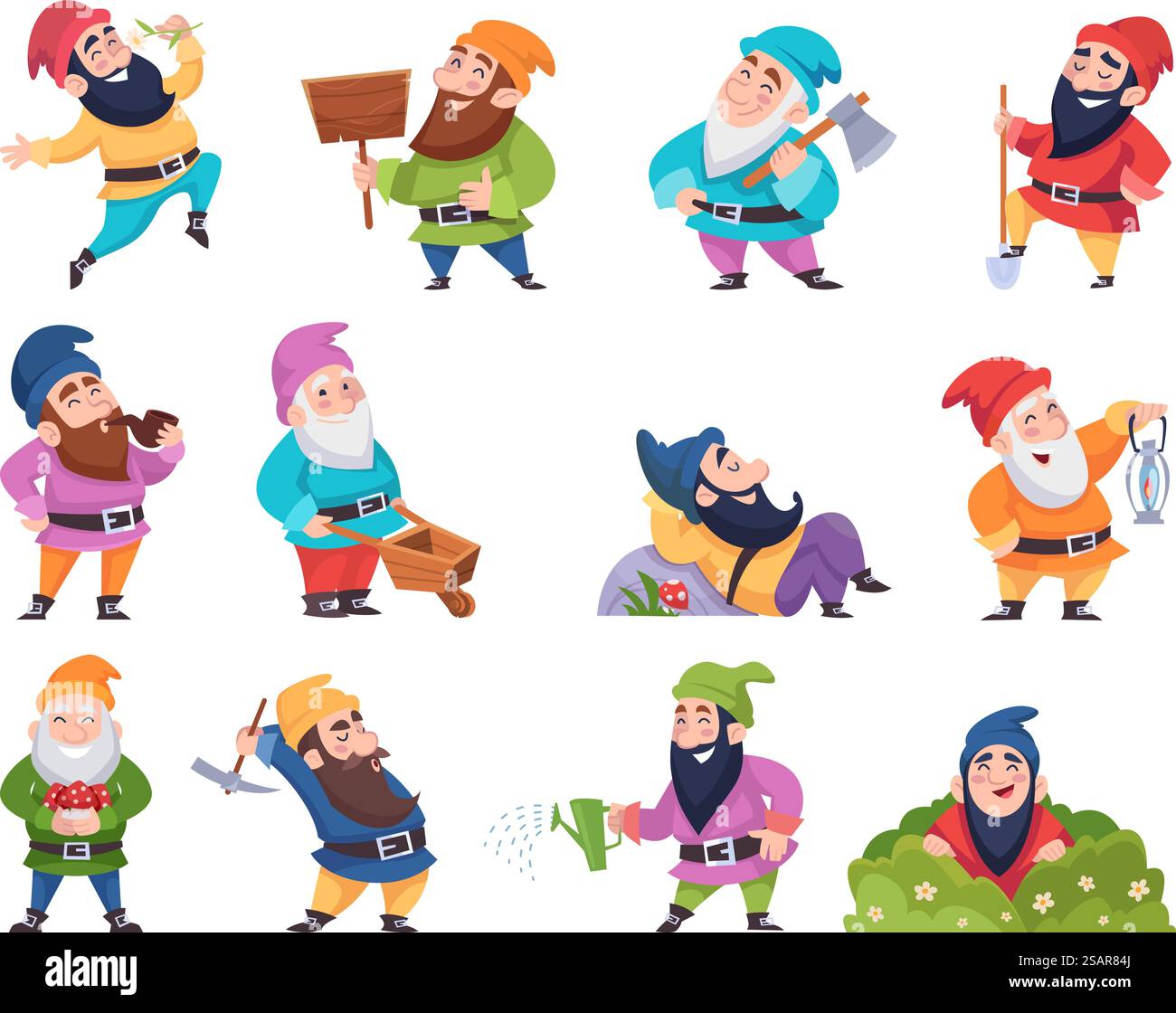 Dessin animé nain. Miner des gnomes fantastiques dans diverses poses drôles de personnages de conte de fées illustrations vectorielles exactes naines. Costume de leprechaun adorable, nain fantastique. Dessin animé nain. Miner des gnomes fantastiques dans diverses poses drôles de personnages de conte de fées illustrations vectorielles exactes naines Illustration de Vecteur