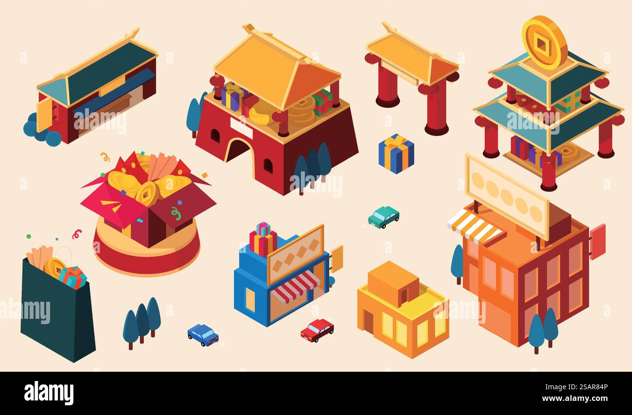 Ensemble de construction CNY isométrique Illustration de Vecteur