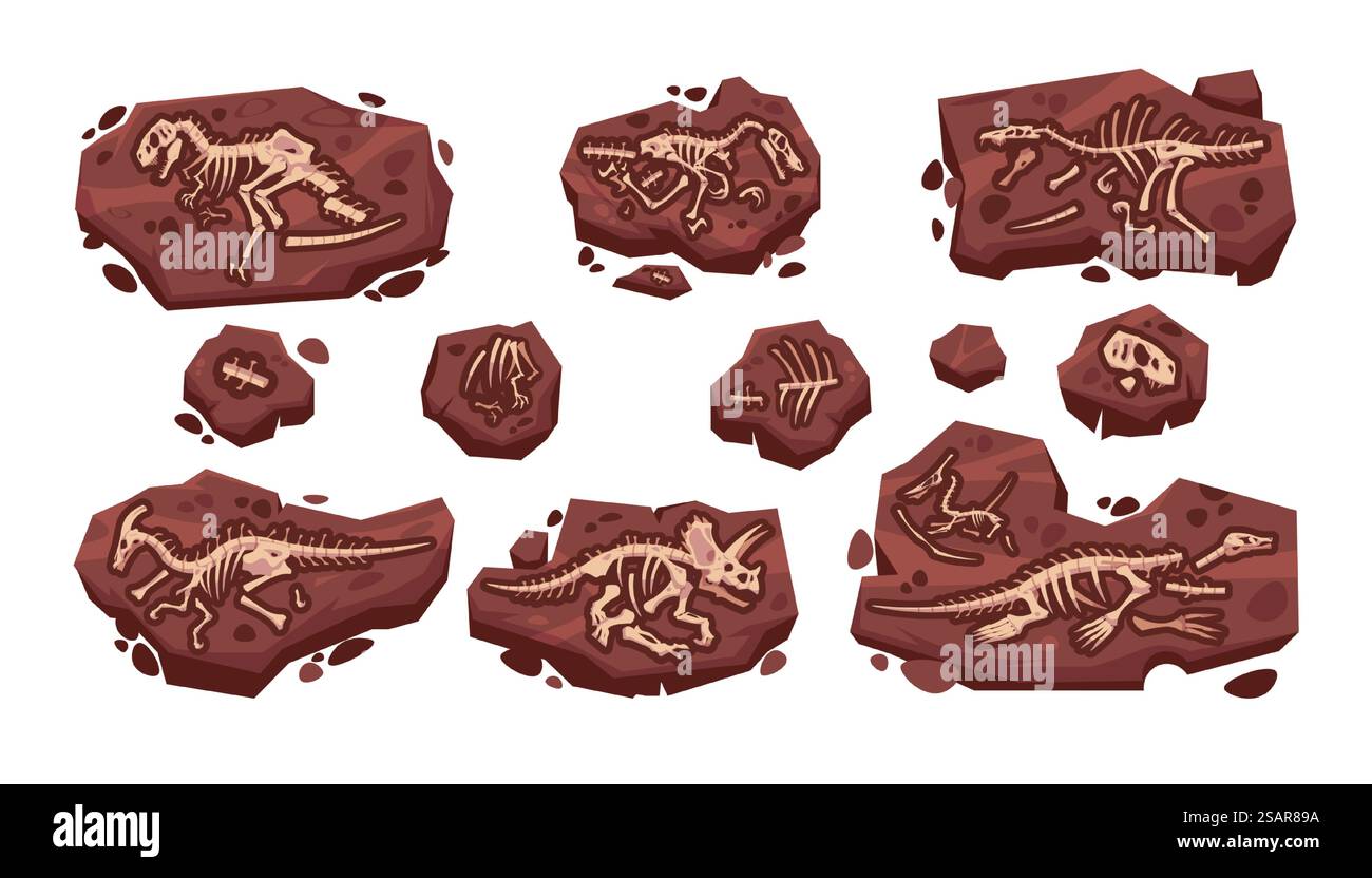 Fossile de dinosaure. Cartoon ancienne fouille paléontologique avec squelettes de dinosaure jurassique préhistorique. OS isolés de lézard prédateur sauvage dans le sol. Collection archéologique vectorielle de reptiles éteints. Fossile de dinosaure. Fouille paléontologique de dessins animés avec squelettes de dinosaures jurassiques préhistoriques. OS de lézard prédateur isolé dans le sol. Collection archéologique vectorielle de reptiles éteints Illustration de Vecteur
