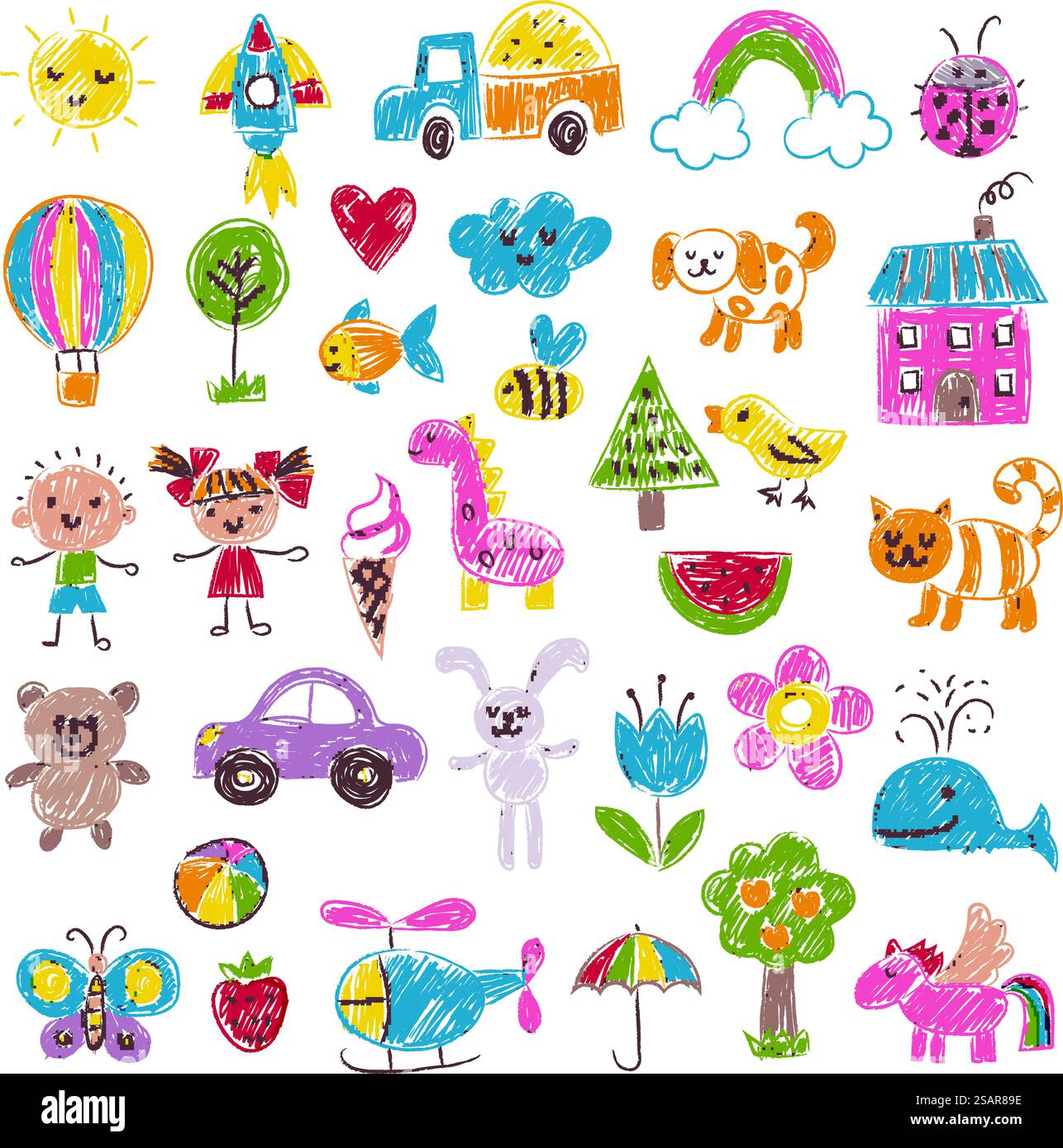 Dessin d'enfants. Crayon dessiné à la main doodles esquisses drôles d'animaux maison nuages de modèles vectoriels récents ensemble coloré de crayon drôle de croquis, dessin mignon par illustration d'enfants. Dessin d'enfants. Crayon dessiné à la main doodles esquisses drôles d'animaux maison nuages de modèles vectoriels récents colorés Illustration de Vecteur