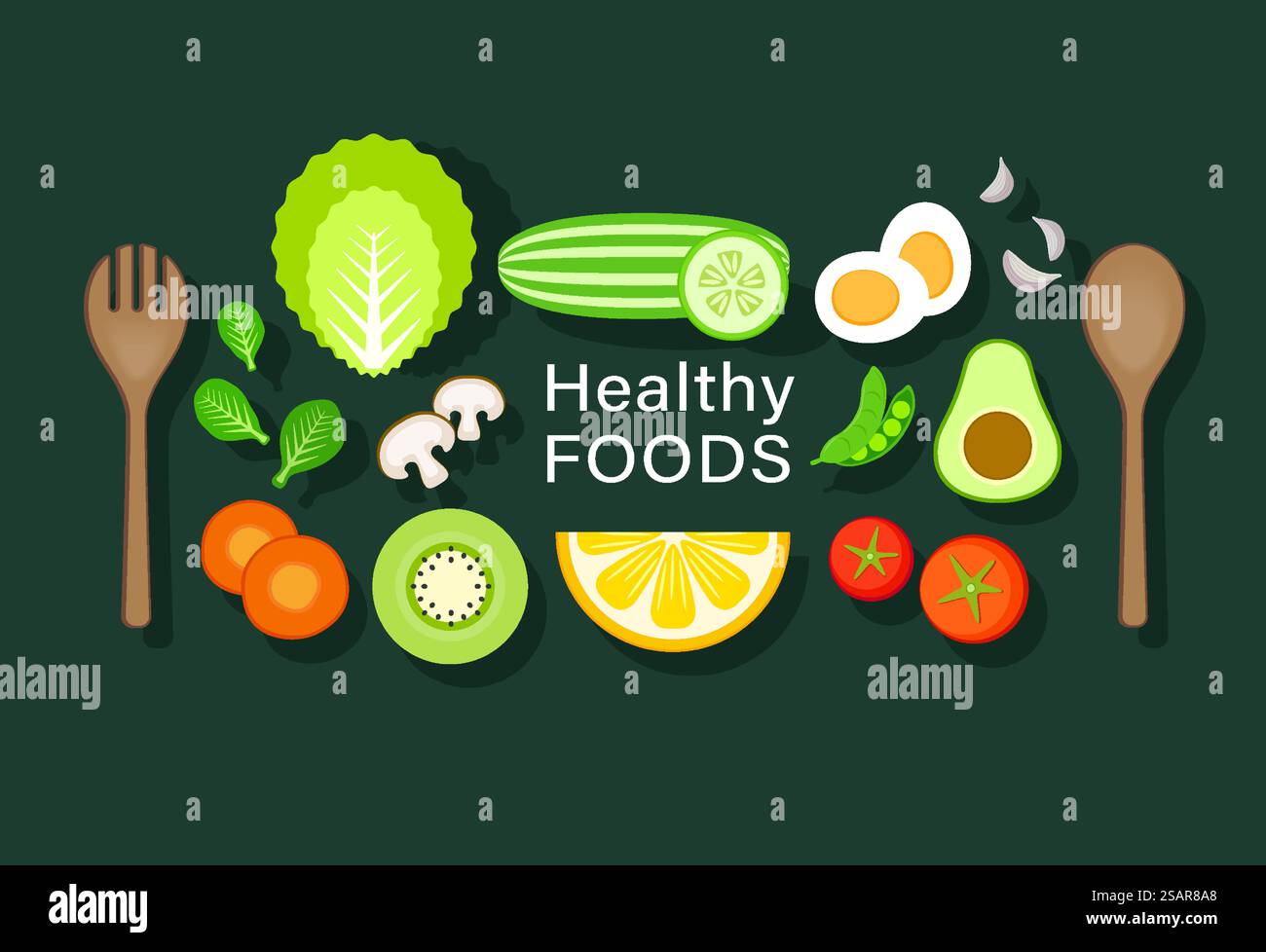 Vector Collection d'aliments sains, légumes frais, salade, aliments biologiques, produits naturels, commande de nourriture en ligne, recettes. Illustration de Vecteur