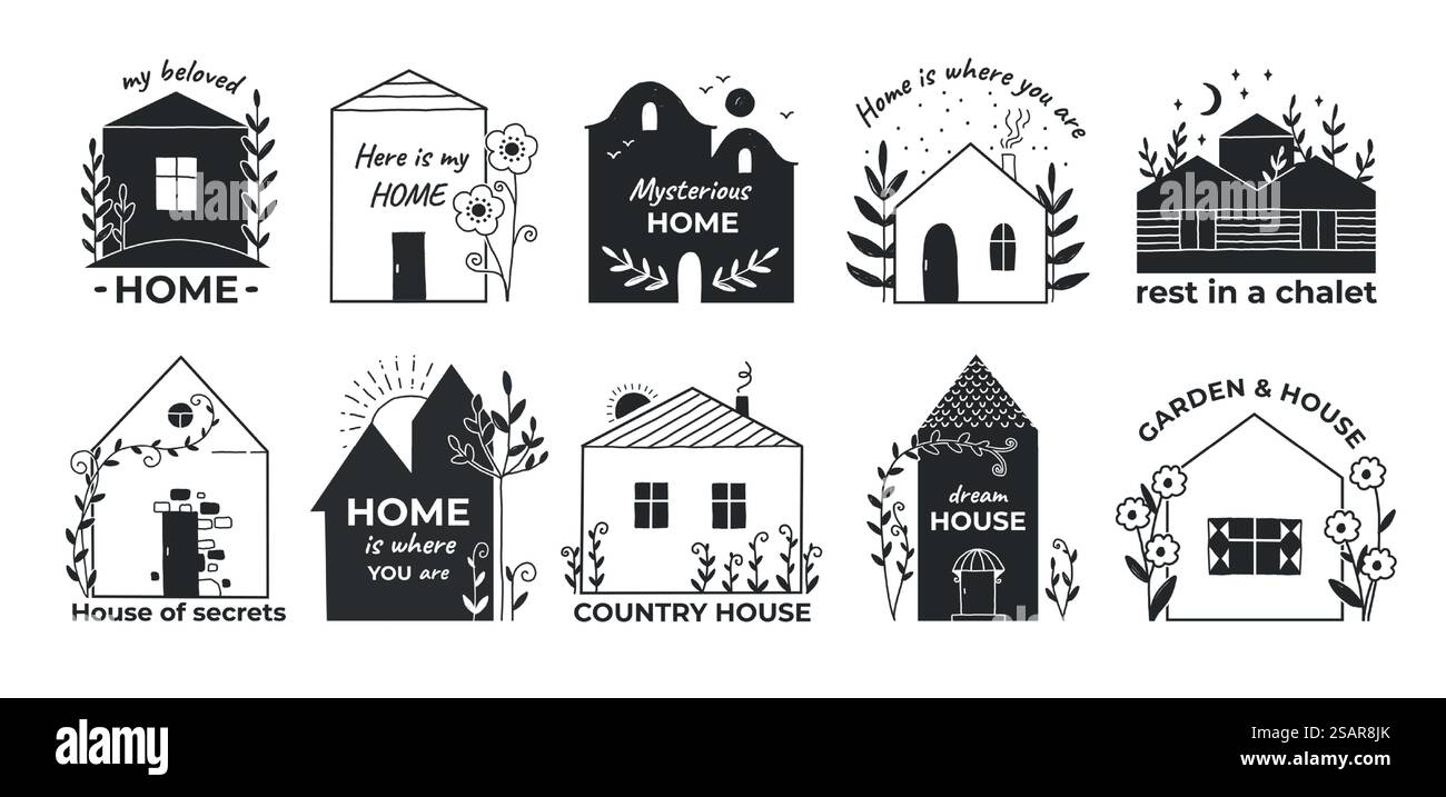 Logo dessiné à la main à la maison. Doodle village grange et chalet de campagne avec jardin. Emblèmes de croquis immobiliers pour la propriété locative. Maisons et plantes mignonnes. Ensemble de bâtiments résidentiels ruraux isolés de vecteur. Logo dessiné à la main à la maison. Doodle village grange et chalet de campagne avec jardin. Emblèmes de croquis immobiliers pour la propriété locative. Maisons et plantes. Ensemble de bâtiments résidentiels ruraux vectoriels Illustration de Vecteur