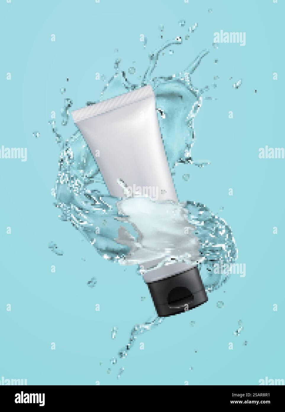 Maquette de tube en plastique cosmétique avec effet d'éclaboussures d'eau sur fond bleu dans l'illustration 3D. Tube cosmétique en plastique avec éclaboussures Illustration de Vecteur