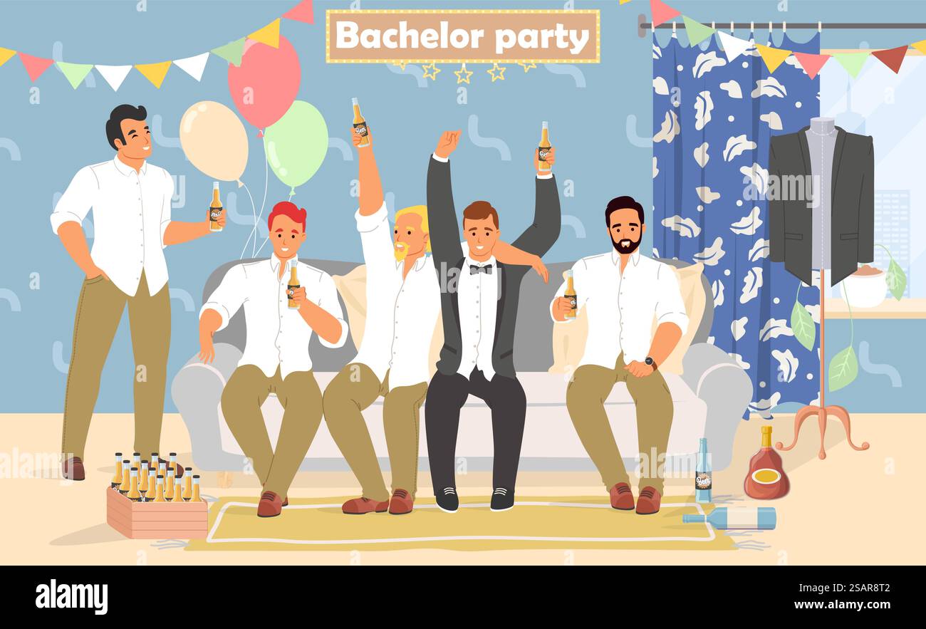 Concept de fête de baccalauréat. Heureux amis masculins et marié buvant des boissons alcoolisées, faisant le bonheur et ayant du bon temps à la maison ensemble avant l'illustration vectorielle du jour du mariage. Concept de fête de baccalauréat avec des amis masculins heureux et le marié Illustration de Vecteur