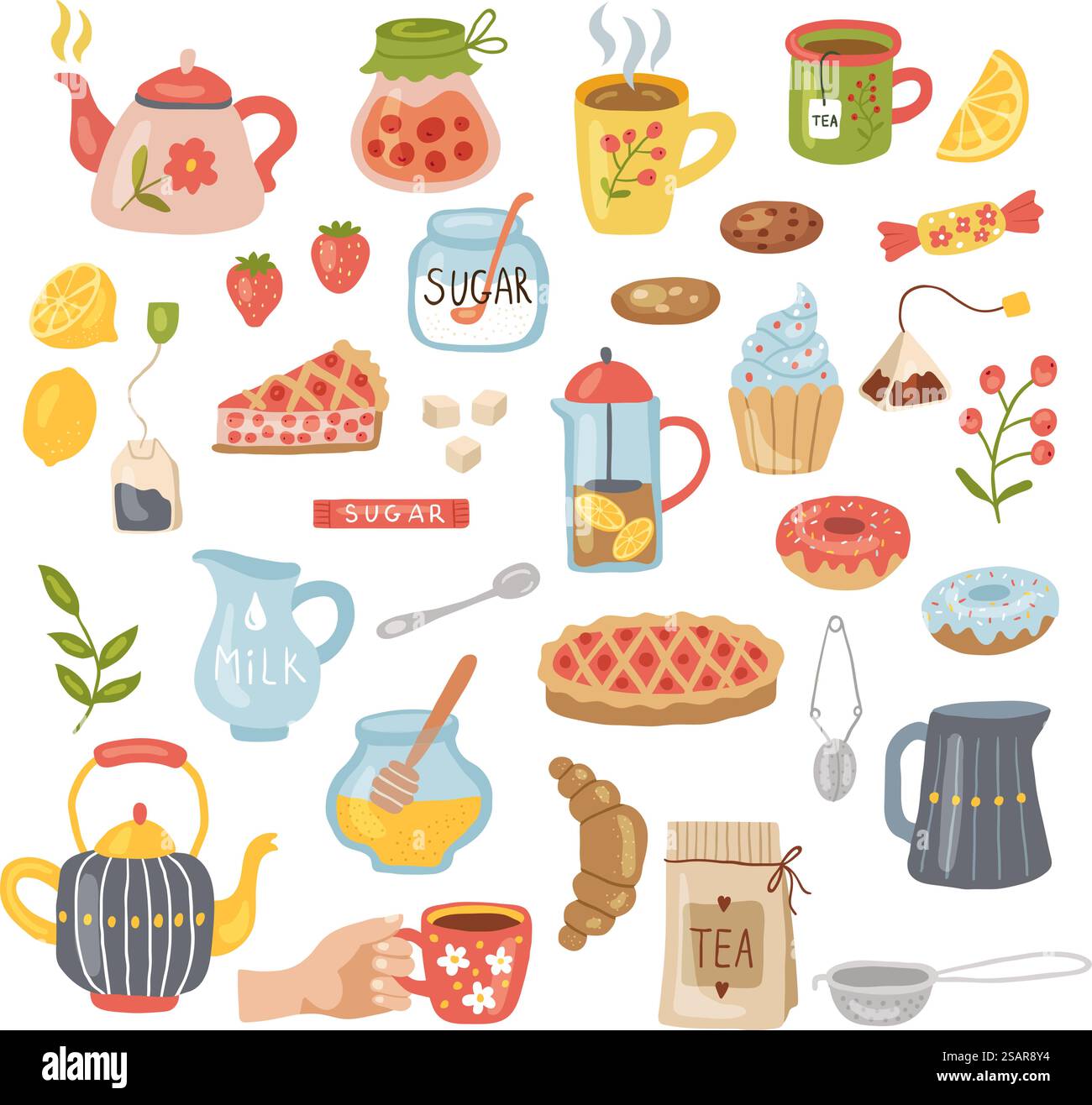 L'heure du thé. Ustensiles de cuisine tasses théières plats pour le petit déjeuner tasses récentes en céramique vectorielle pour le thé. Illustration de tasse de thé et de café, vaisselle de pot ménager. L'heure du thé. Ustensiles de cuisine tasses théières plats pour le petit déjeuner tasses récentes en céramique vectorielle pour le thé Illustration de Vecteur