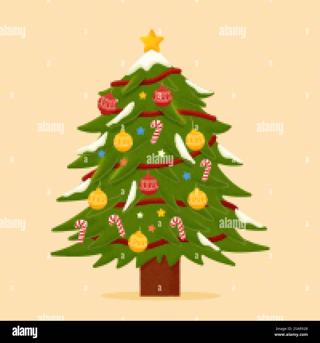 Illustration de style plat d'un arbre de Noël entièrement décoré sur fond jaune. Sapin de Noël dessiné à la main Illustration de Vecteur