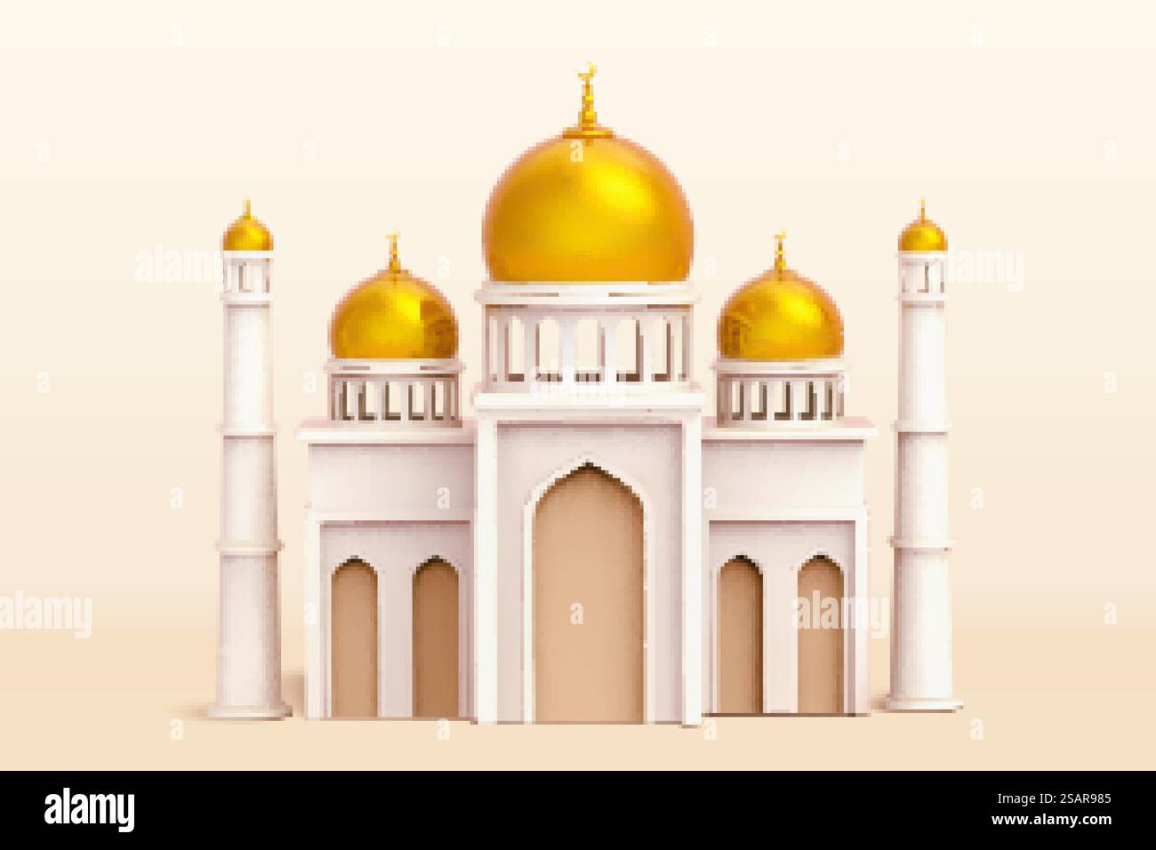 illustration 3d d'un modèle de construction de mosquée exquis décoré avec un dôme en laiton brillant sur fond beige. Mosquée avec dômes en laiton Illustration de Vecteur
