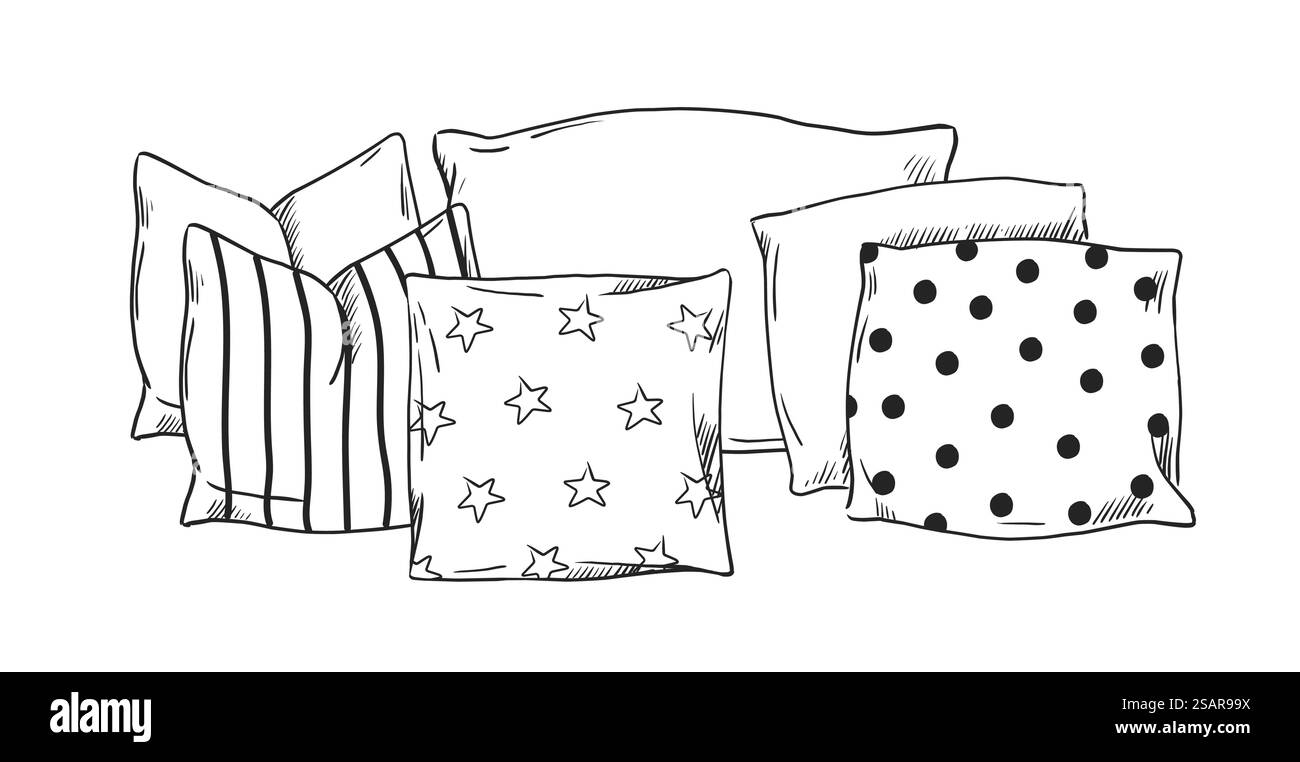 Oreillers dessinés à la main. Literie griffonnée. Coussins en plumes. Canapé confortable ou lit textile accessoires de couchage esquisse. Intérieur de la maison décorations douces confortables pour la chambre et le salon. Illustration vectorielle. Oreillers dessinés à la main. Literie griffonnée. Coussins en plumes. Canapé confortable ou lit textile accessoires croquis. Décorations douces confortables intérieures pour la chambre et le salon. Illustration vectorielle Illustration de Vecteur