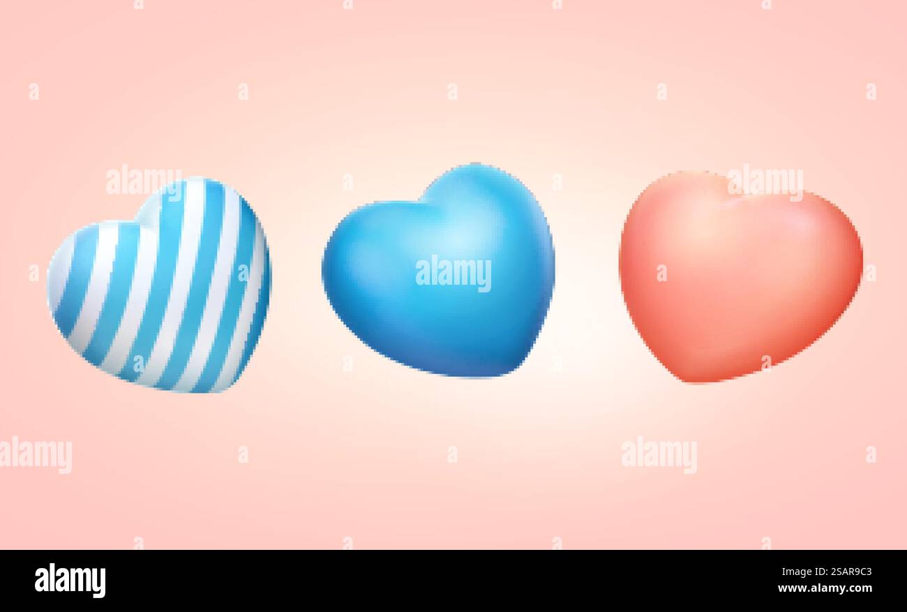 Ballons en forme de coeur 3D. Illustration de trois ballons en forme de coeur de couleur bleue et rose sur fond rose. Ballons en forme de coeur 3D. Illustration de Vecteur