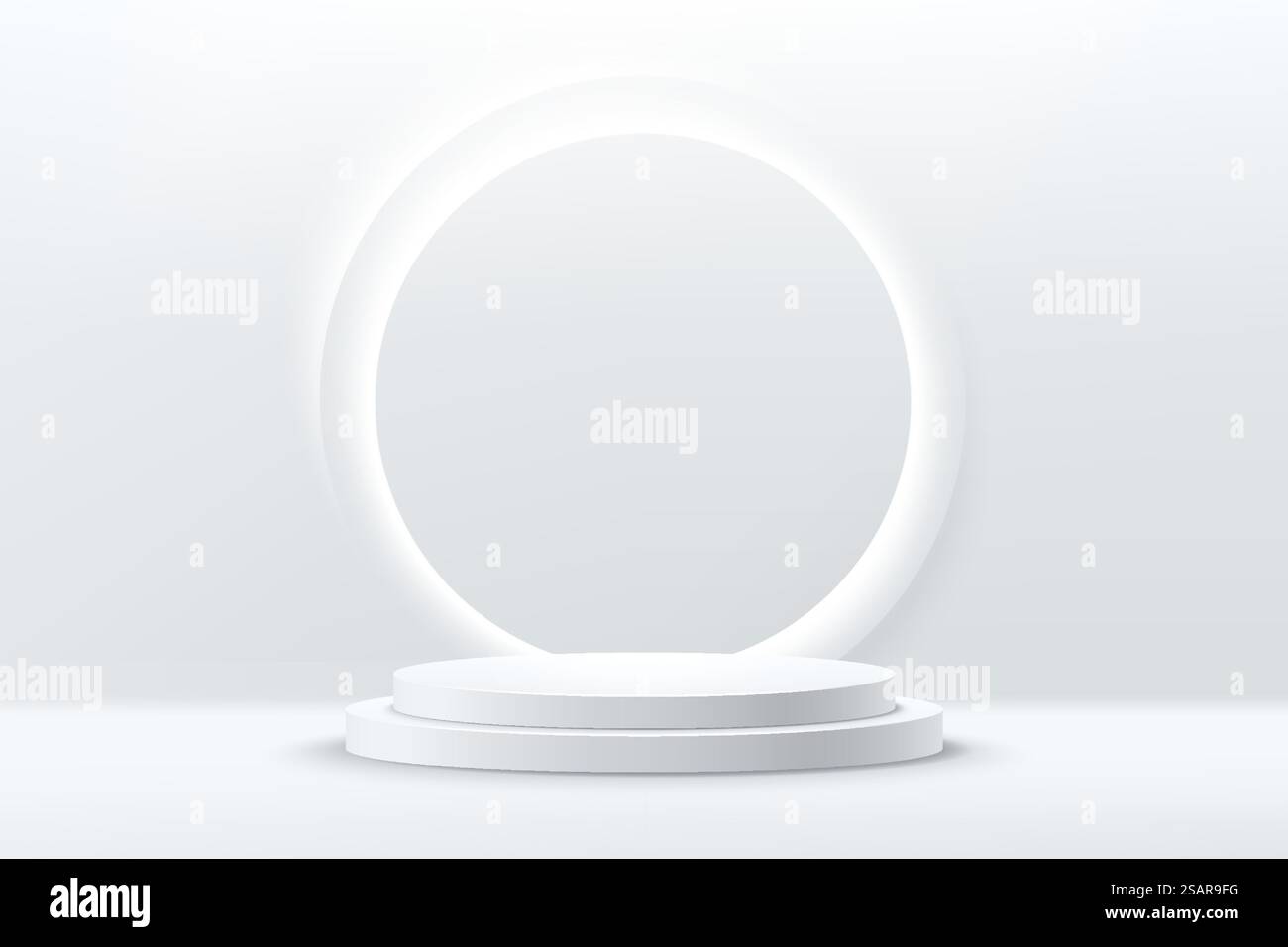 Podium de pied cylindrique en argent brillant abstrait. Concept de salle vide blanche SCI-fi avec éclairage au néon circulaire. Rendu vectoriel de la forme 3D, présentation de l'affichage du produit. Scène de mur blanc futuriste. Illustration de Vecteur