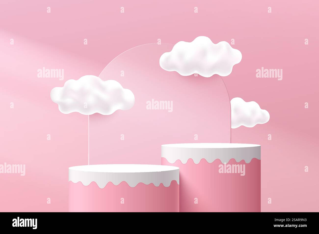 Podium de piédestal à cylindre fluide rose et blanc abstrait 3D avec ciel nuageux et toile de fond géométrique arche. Scène minimale rose pastel. Plate-forme géométrique de rendu vectoriel pour la présentation de produits. Illustration de Vecteur