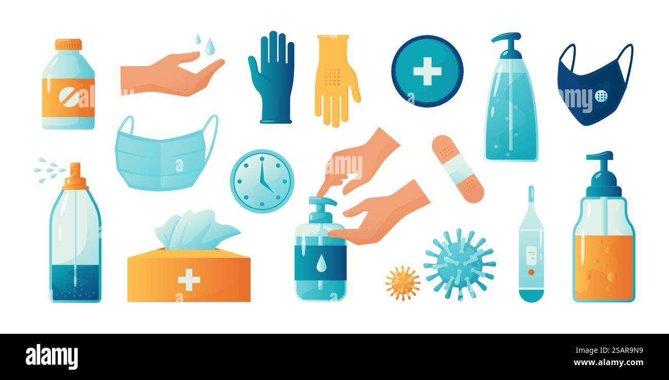 Désinfection des mains. Spray désinfectant à l'alcool et gel. Prévention du Covid-19. Masque facial de protection ou gants en latex. Bouteilles avec savon pour le lavage des bras. Antiseptique antibactérien de nettoyage. Kit EPI Vector. Désinfection des mains. Spray désinfectant à l'alcool et gel. Prévention du Covid-19. Masque de protection ou gants en latex. Bouteilles avec savon pour le lavage des bras. Antiseptique antibactérien. Kit EPI Vector Illustration de Vecteur