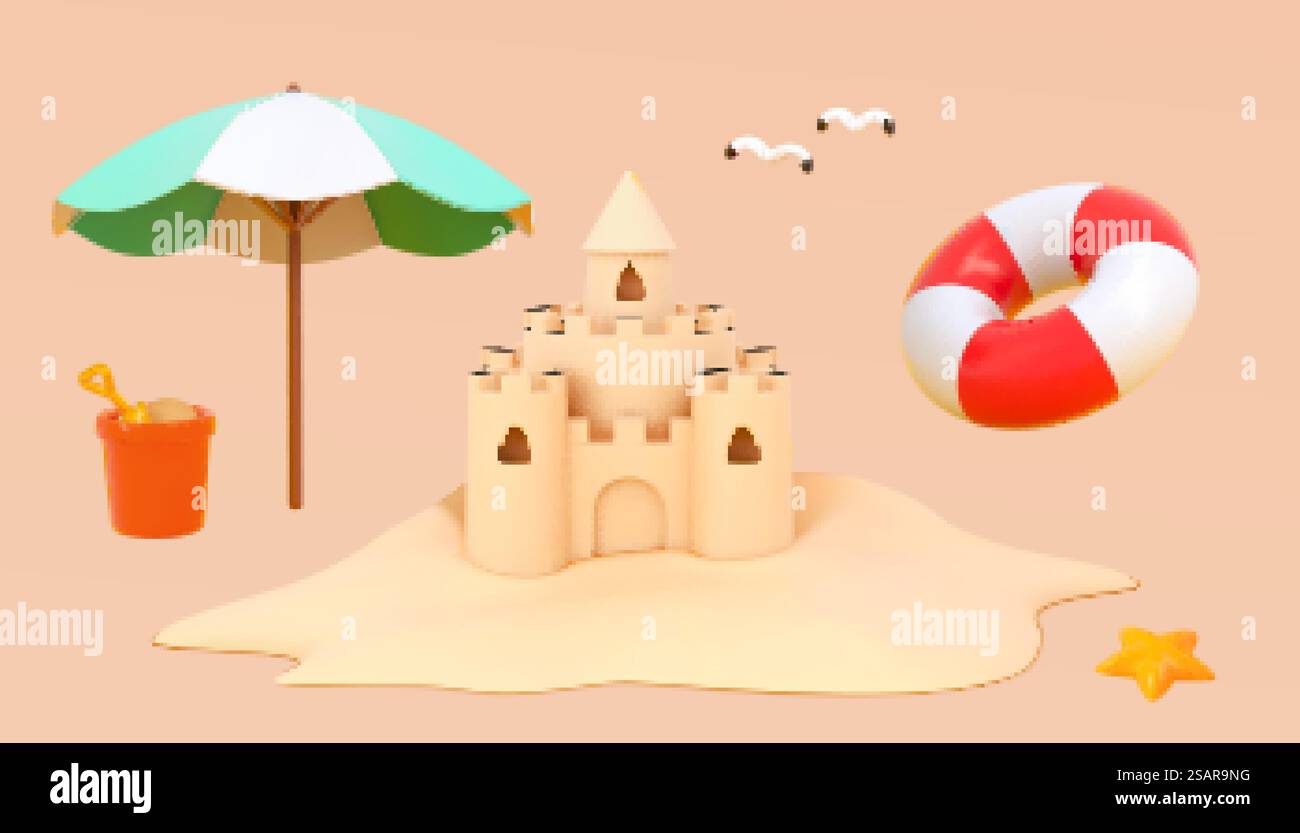 objets de plage d'été 3d. Illustration de château de sable, parapluie et anneau de natation, etc. objets de plage d'été 3d Illustration de Vecteur