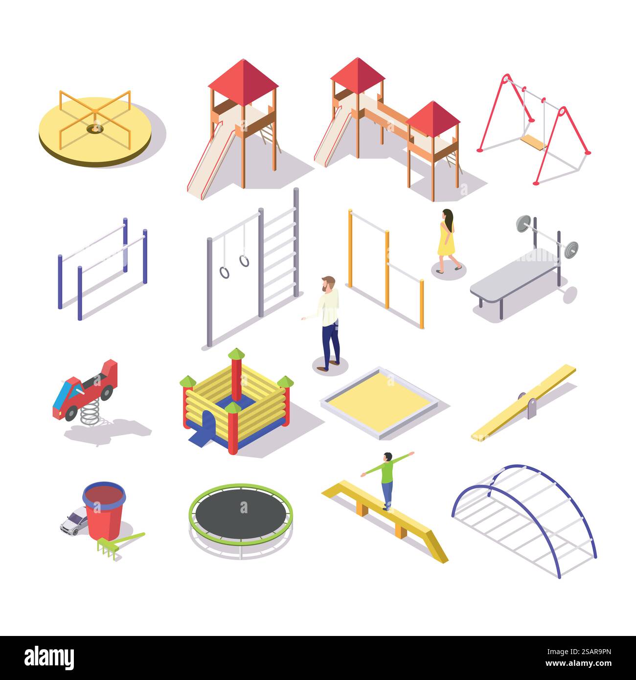 Jeu d'icônes d'aire de jeux pour enfants, illustration isolée plate vectorielle. Trampolines à sauter isométriques, glissière, balançoire, bascule à ressort, carrousel, bac à sable, etc Équipement de jeu, de sport et de parc pour l'extérieur.. Jeu d'icônes d'aire de jeux pour enfants, illustration isolée isométrique vectorielle Illustration de Vecteur