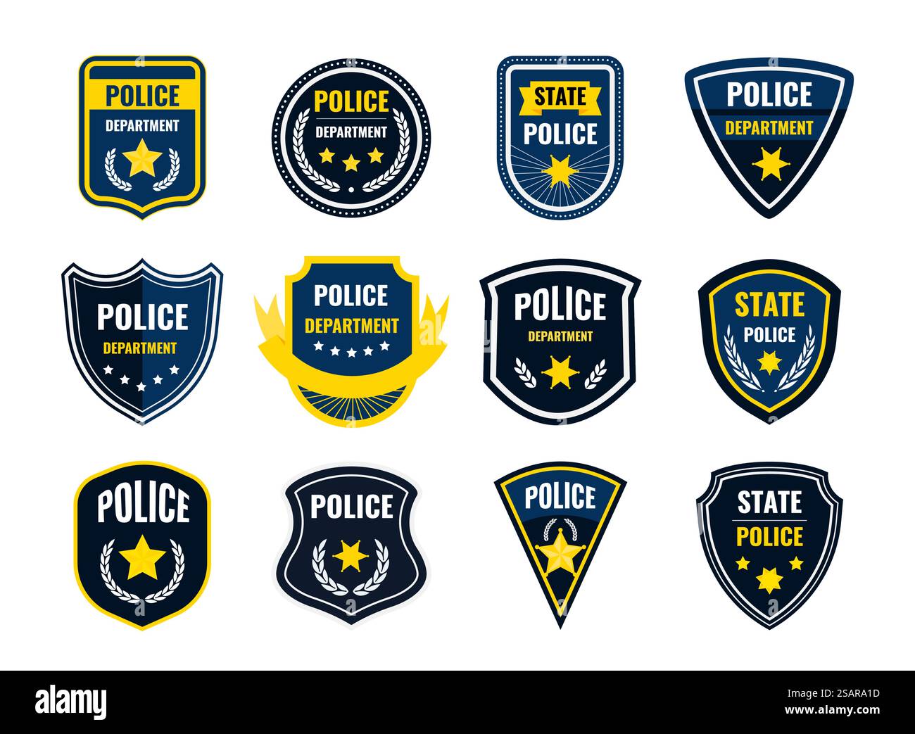 Badge de police. Symboles de bouclier du service de sécurité. Ensemble de bannières de l'autorité fédérale. Signes de shérif isolés avec des étoiles jaunes et des couronnes de plantes blanches. Autocollants de flic vectoriel ou patchs de policier. Badge de police. Symboles de bouclier du service de sécurité. Ensemble de bannières de l'autorité fédérale. Shérif signe avec des étoiles jaunes et des couronnes de plantes. Autocollants de flic vectoriel ou patchs de policier Illustration de Vecteur