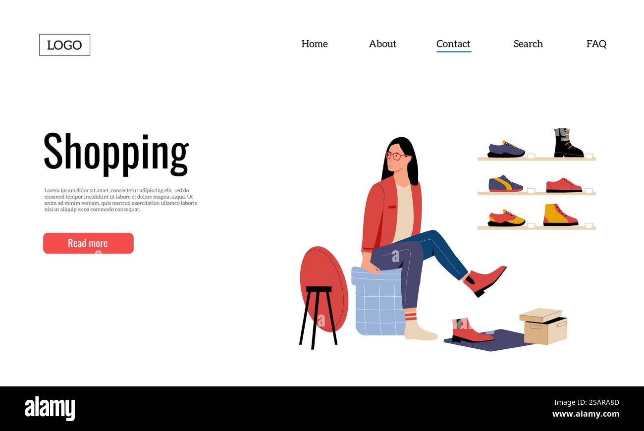 Page d'accueil de magasin de vêtements, femme choisissant des bottes au magasin de chaussures. Présentoir de chaussures, étagères avec différentes chaussures. Personnage féminin achetant des produits élégants. Modèle de vecteur de site Web de vente au détail. 2306 m10 S ST magasin de vêtements atterrissage Illustration de Vecteur