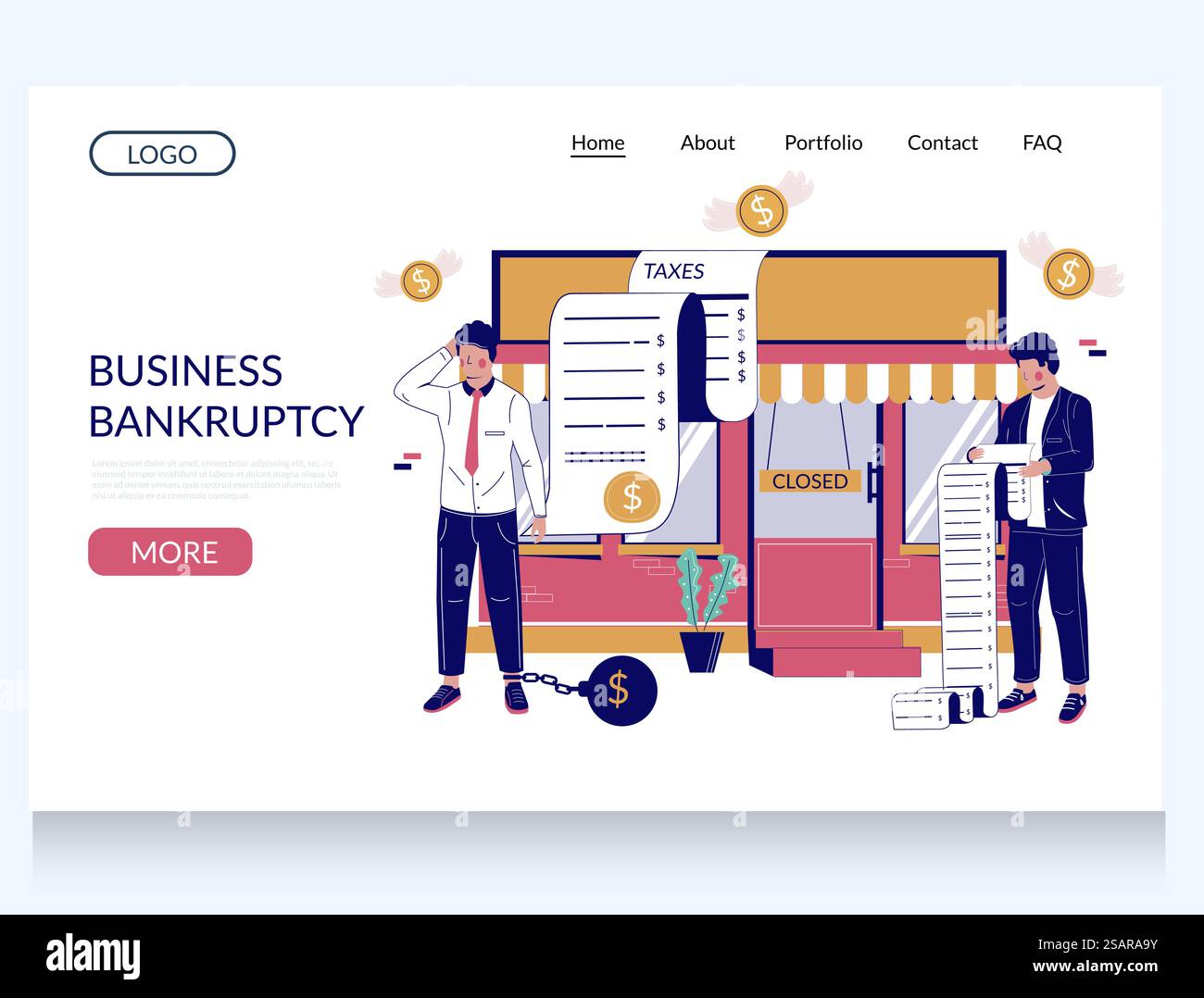 Modèle de site Web de vecteur de faillite d'entreprise, conception de page d'atterrissage pour le développement de site Web et de site mobile. Bureau fermé, factures fiscales impayées et hommes d'affaires confus. Crise financière, faillite d'entreprise.. Modèle de page d'atterrissage de site Web de vecteur de faillite commerciale Illustration de Vecteur