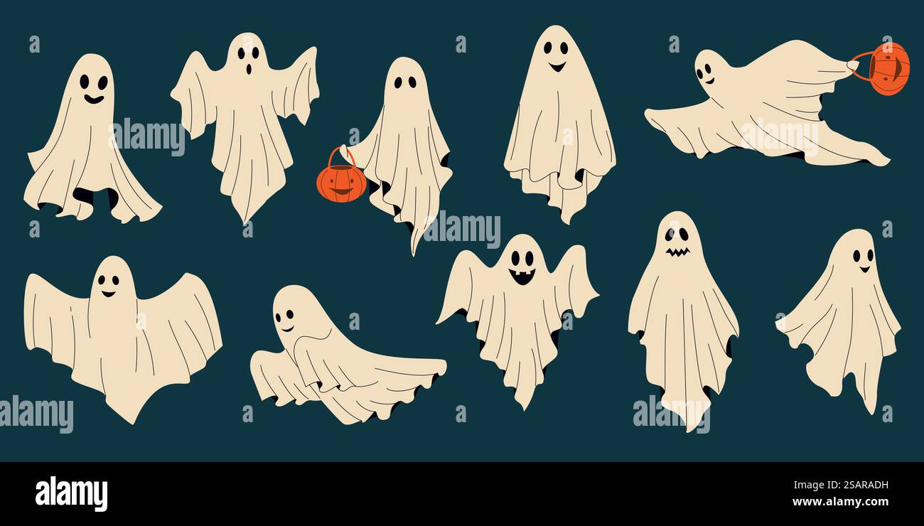 Fantôme drôle. Monstre effrayant mignon dans des draps blancs, visages de monstre effrayants de bande dessinée avec des expressions et des émotions. Personnages vectoriels d'Halloween. Poltergeist mystique volant, créatures en costumes. Fantôme drôle. Monstre effrayant mignon dans des draps blancs, visages de monstre effrayants de bande dessinée avec des expressions et des émotions. Personnages vectoriels d'Halloween Illustration de Vecteur