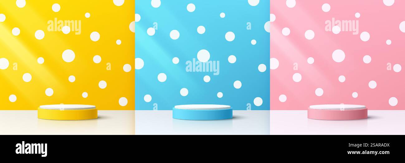 Ensemble de podium de piédestal 3d cylindrique abstrait jaune, bleu et rose réaliste avec des pois blancs sur le mur. Rendu vectoriel des formes géométriques. Scène minimale pastel. Vitrine de scène, affichage de produit. Illustration de Vecteur