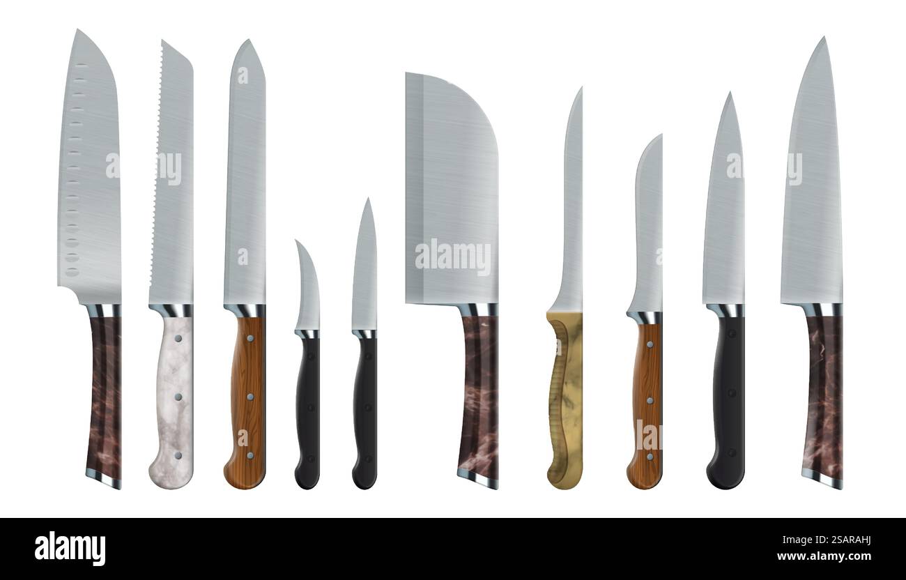 Couteaux réalistes. Outils de sculpture alimentaire 3D. Lames tranchantes en acier inoxydable. Coupeuses de cuisine isolées. Ustensile de cuisine métallique. Poignards pour couper la farine en tranches. Ustensiles de cuisine ménagers. Vaisselle métallique Vector. Couteaux réalistes. Outils de sculpture alimentaire 3D. Lames tranchantes en acier inoxydable. Coupeuses de cuisine. Ustensile de cuisine métallique. Poignards pour couper la farine en tranches. Ustensiles de cuisine ménagers. Vaisselle vectorielle Illustration de Vecteur