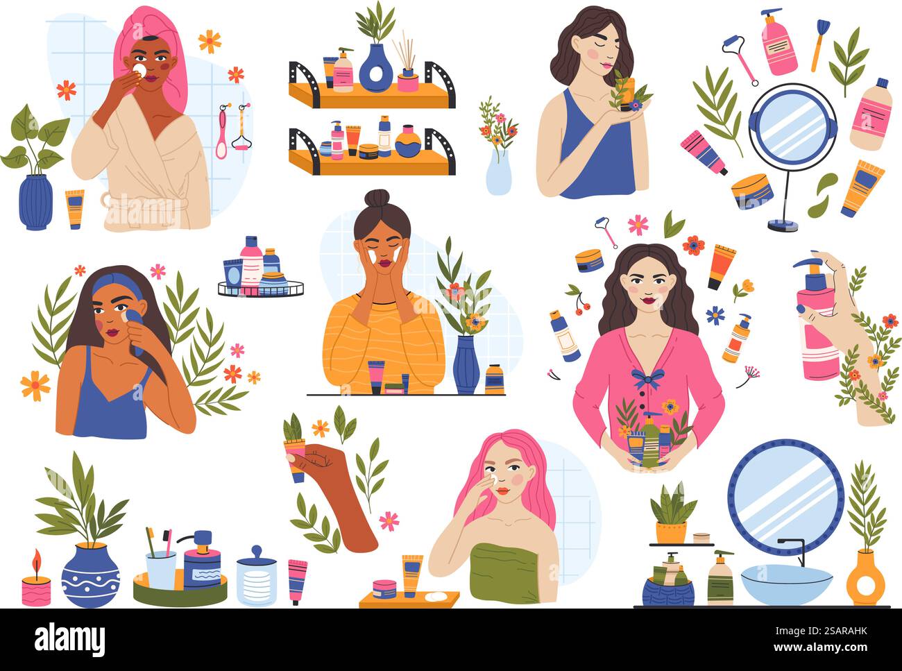 Routine de soins de la peau, les femmes utilisent des produits cosmétiques de beauté biologiques. Ensemble d'illustration vectorielle de routine d'auto-soin des femmes, de nettoyage et d'hydratation. Procédures de beauté féminine dans la salle de bain avec des plantes. Routine de soins de la peau, les femmes utilisent des produits cosmétiques de beauté biologiques. Ensemble d'illustration vectorielle de routine d'auto-soin des femmes, de nettoyage et d'hydratation. Les procédures de beauté féminine Illustration de Vecteur