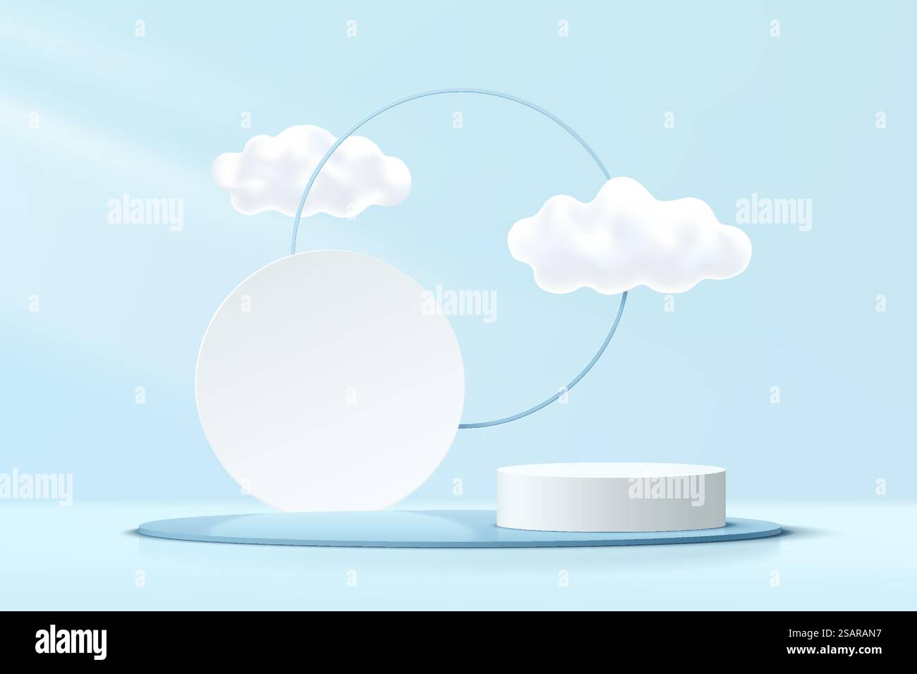 Abstrait 3D bleu, podium cylindrique blanc avec ciel nuageux et fond de cercle géométrique. Scène murale minimale bleu pastel. Plate-forme géométrique de rendu vectoriel pour la présentation de produits. Illustration de Vecteur