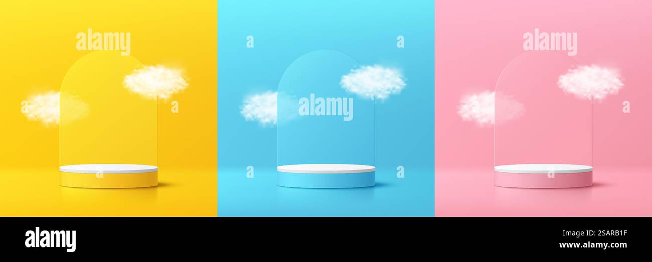 Ensemble de podium de piédestal jaune, bleu, rose, blanc 3dCylinder. fond de forme d'arc avec nuage blanc volant. Rendu vectoriel abstrait. Présentation d'un produit de maquette cosmétique. Scène murale minimale. Illustration de Vecteur