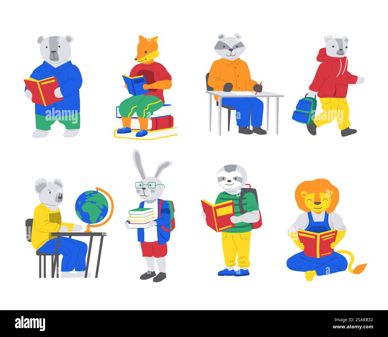 Animaux à l'école. Créatures de dessins animés lisant des livres. Étude de personnages mignons. Lièvre transportant une pile de manuels. Lion ou renard appréciant la littérature. Raton laveur et koala assis sur les bureaux. Ensemble pupilles vectorielles. Animaux à l'école. Créatures de dessins animés lisant des livres. Étude des caractères. Lièvre portant des manuels. Lion ou renard appréciant la littérature. Raton laveur et koala assis sur les bureaux. Ensemble pupilles vectorielles Illustration de Vecteur