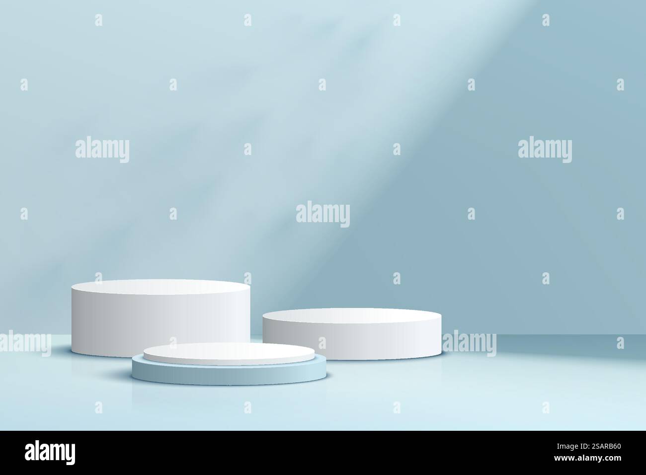 Abstrait réaliste 3D blanc et bleu podium cylindrique ensemble avec ombre et éclairage. Scène minimale bleu pastel pour la présentation du produit. Plate-forme de rendu géométrique vectoriel. Chambre Studio Illustration de Vecteur
