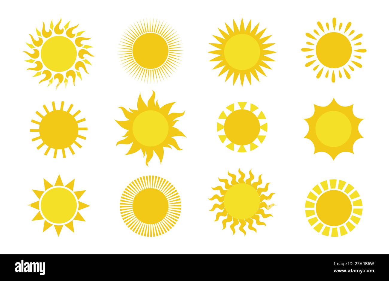 Icônes soleil. Collection d'éléments graphiques simples ronds, symboles météo jaune soleil d'été pour l'impression et le logo. Silhouettes solaires de soleil de cercle graphique pour le décor, ensemble vectoriel isolé sur fond blanc. Icônes soleil. Collection d'éléments graphiques simples ronds, symboles météo jaune soleil d'été pour l'impression et le logo. Silhouettes solaires de soleil de cercle graphique, ensemble de vecteur isolé sur blanc Illustration de Vecteur