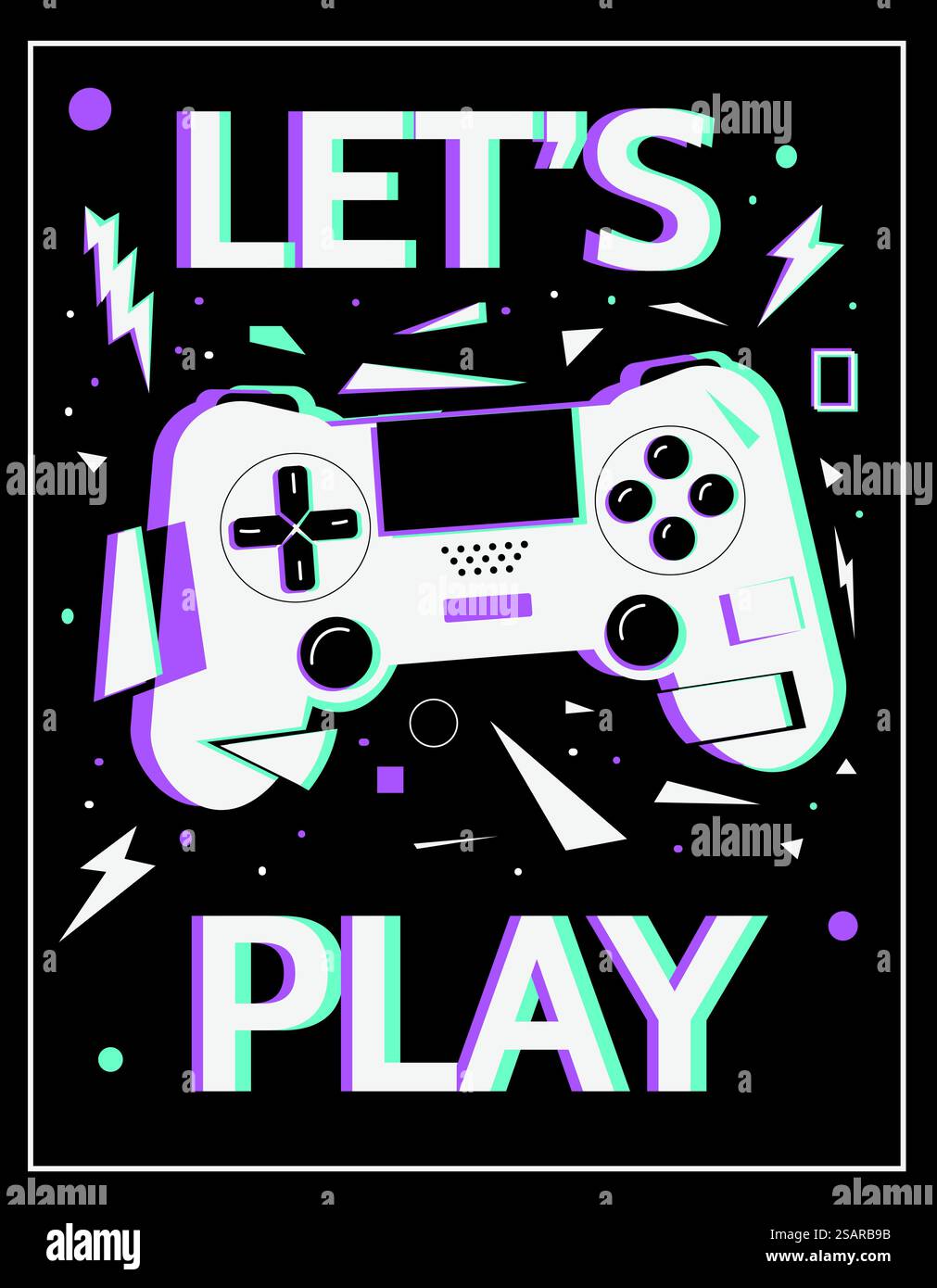 Affiche de gamer. Laissez&rsquo;s jouer concept. Manette de jeu blanche et formes géométriques abstraites avec effet glitch coloré graffiti. Joystick minimal pour le contrôle des personnages dans les jeux vidéo. Bannière plate noire vectorielle. Affiche de gamer. Laissez&rsquo;s jouer concept. Manette de jeu blanche et formes géométriques abstraites avec effet glitch coloré graffiti. Manette de commande de personnages dans des jeux vidéo. Bannière noire vectorielle Illustration de Vecteur