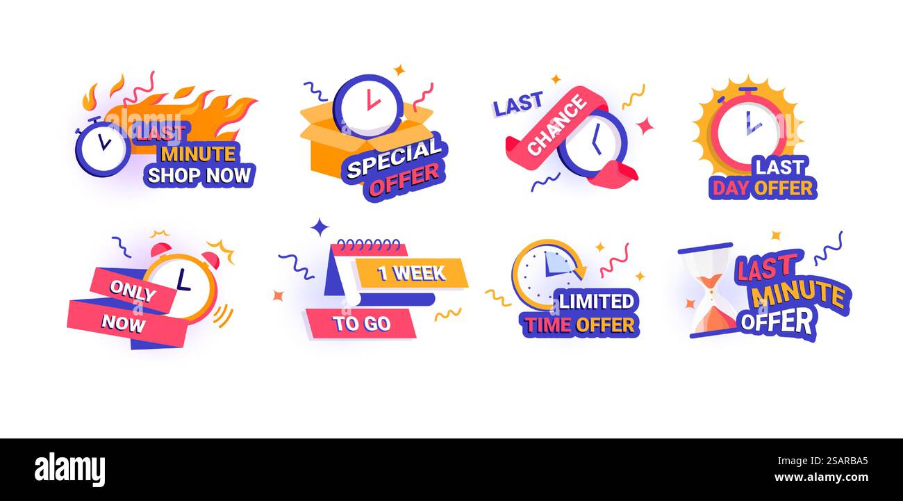 Bannières de temps. Badges promotionnels limités. Compte à rebours de la semaine ou des jours et heures jusqu'à la fin de l'offre spéciale. Dernière chance de participer. Autocollants de style Memphis avec des éléments minimaux et lettrage, ensemble vectoriel. Bannières de temps. Promotion limitée. Compte à rebours de la semaine ou des jours et heures jusqu'à la fin de l'offre spéciale. Dernière chance de participer. Autocollants Memphis avec un minimum d'éléments et de lettrage, ensemble vectoriel Illustration de Vecteur
