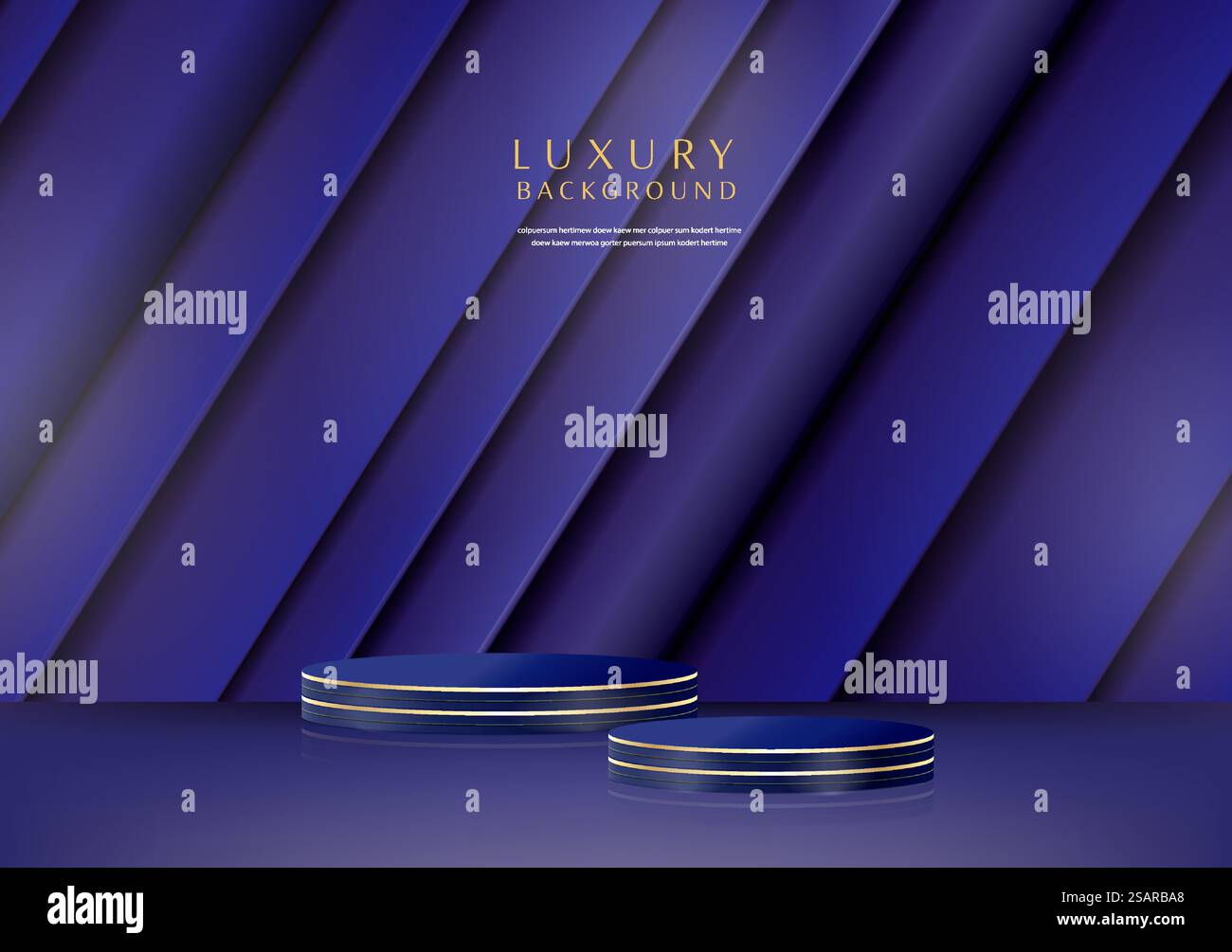 Podium cylindrique bleu, or réaliste avec des couches de rayures en toile de fond. Salle de studio abstrait vectoriel avec plate-forme géométrique 3D. Une scène minimale pour la vitrine de produits, affichage de promotion. Illustration de Vecteur