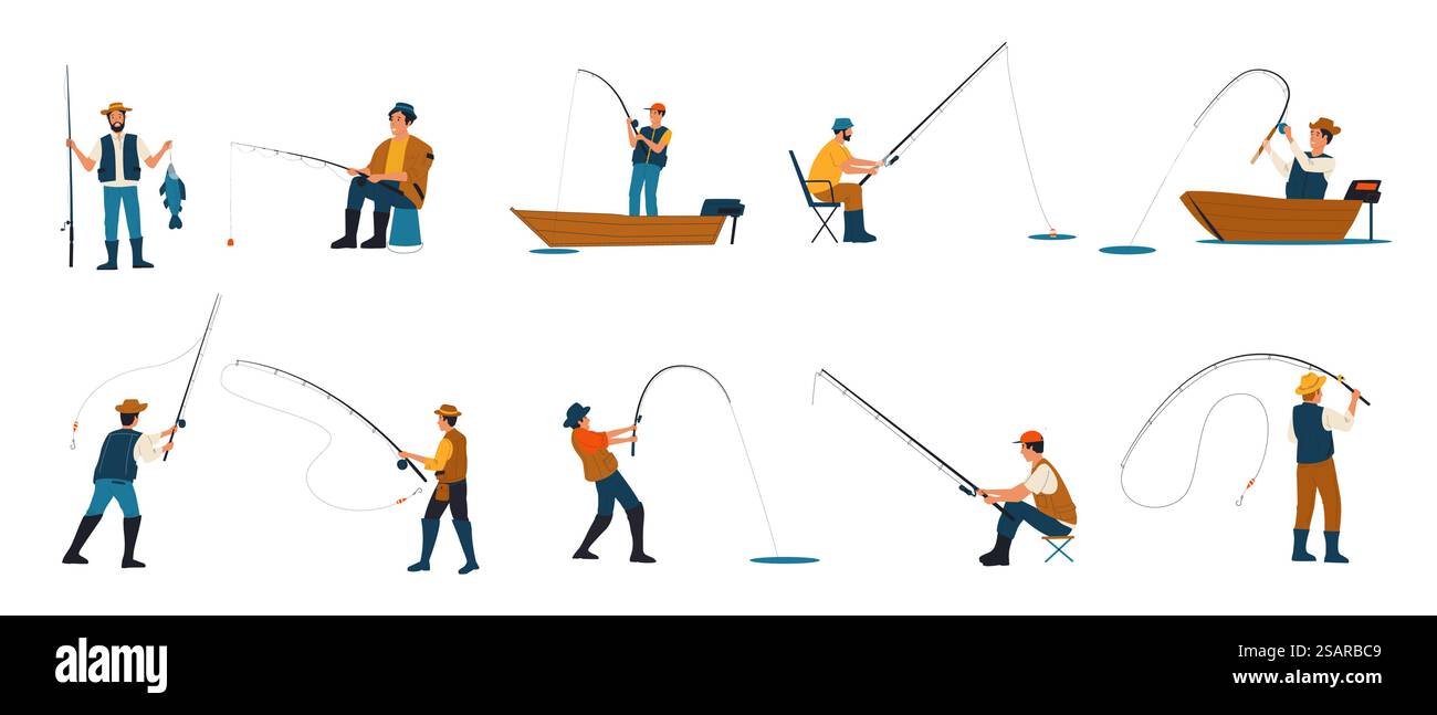 Pêcheur. Dessins animés pêchant. Personnages attrapant des poissons avec des cannes tout en se tenant debout sur la rive du lac et de la rivière, assis sur des chaises pliantes ou à partir de bateaux. Passe-temps masculin. Passe-temps de loisirs en plein air vectoriel. Pêcheur. Dessins animés pêchant. Personnages attrapant des poissons avec des cannes tout en se tenant debout sur la rive du lac et assis sur des chaises pliantes ou à partir de bateaux. Passe-temps masculin. Passe-temps de loisirs vectoriels Illustration de Vecteur