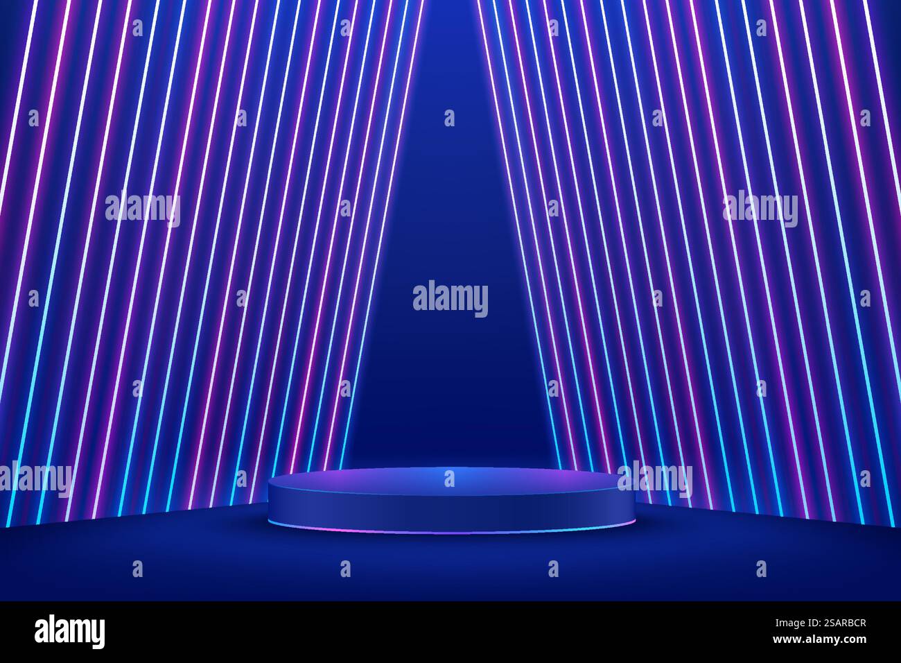Podium de piédestal cylindrique bleu 3d réaliste avec salle abstraite bleu foncé Sci-fi avec éclairage au néon brillant vertical perspective. Présentation d'affichage de produit de rendu vectoriel. Scène futuriste Illustration de Vecteur