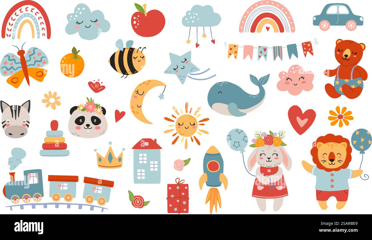 Autocollants de chambre d'enfants vintage. Boutique de poupée pour enfants, jouets de lapin de bébé et bohème imprimé mur de pépinière imprimé ensemble d'illustration vectorielle de dessin animé. Design de salle de jeux avec arc-en-ciel plat, lune et fusée. Autocollants de chambre d'enfants vintage. Boutique de poupée pour enfants, jouets de lapin de bébé et bohème imprimé mur de pépinière imprimé ensemble d'illustration vectorielle de dessin animé Illustration de Vecteur