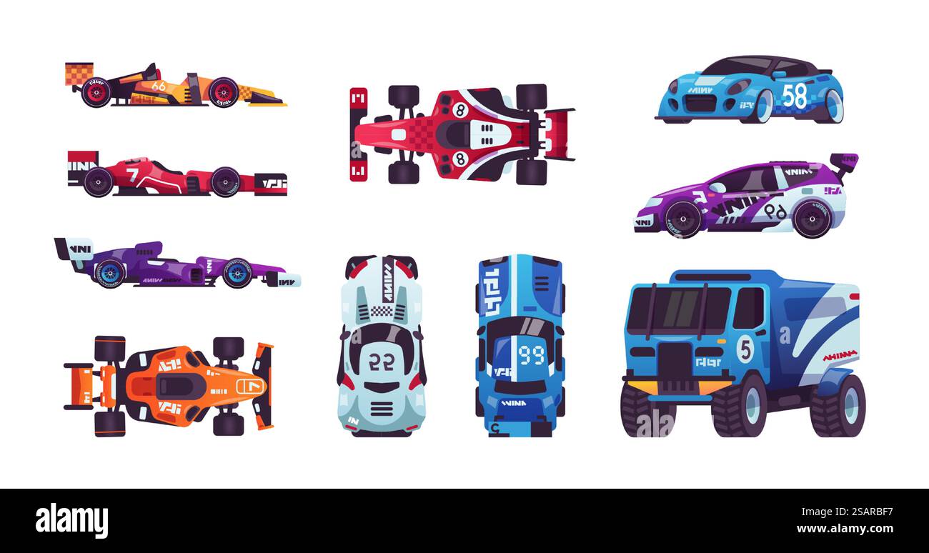 Voitures de course. Voitures rapides de dessin animé. Camions de course et bolides. Transport isolé à grande vitesse. Vues de dessus et de côté de l'ensemble des véhicules de conduite. Championnat de formule 1. Jouets automobiles. Eléments de rallye vectoriel. Voitures de course. Automobiles de dessins animés. Camions de course et bolides. Transport à grande vitesse. Vues de dessus et de côté de l'ensemble des véhicules de conduite. Championnat de formule 1. Jouets automobiles. Eléments de rallye vectoriel Illustration de Vecteur