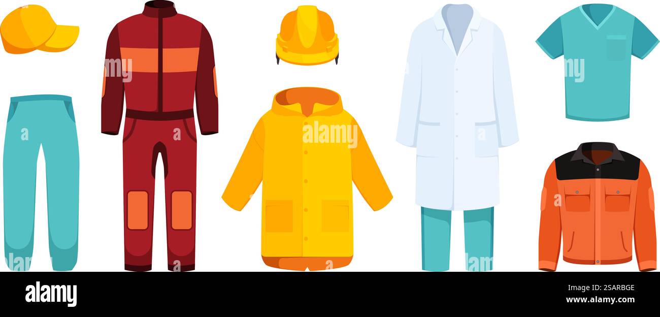 Vêtements de travail. Vêtements professionnels équipement de sécurité personnelle en uniforme pantalons confortables et vestes plombier Courier costume collection vectorielle de vêtements de travail. Illustration de l'uniforme professionnel et des vêtements de travail. Vêtements de travail. Vêtements professionnels équipement de sécurité personnelle en uniforme pantalons confortables et vestes casques de plombier courier costume Garish collection vectorielle de vêtements de travail modernes Illustration de Vecteur