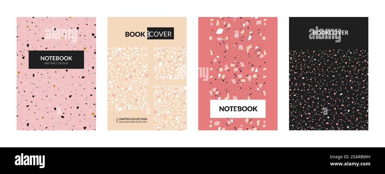 Couverture de livre en terrazzo. Textures abstraites de béton italien pour cahiers. Maquette en pierre de marbre avec des particules colorées chaotiques et des éclats. Ensemble minimal de modèles de conception pastel de copybook décoratif vectoriel. Couverture de livre en terrazzo. Textures abstraites de béton italien pour cahiers. Maquette en pierre de marbre avec des particules chaotiques et des éclats. Ensemble de modèles de conception pastel de copybook décoratif vectoriel Illustration de Vecteur