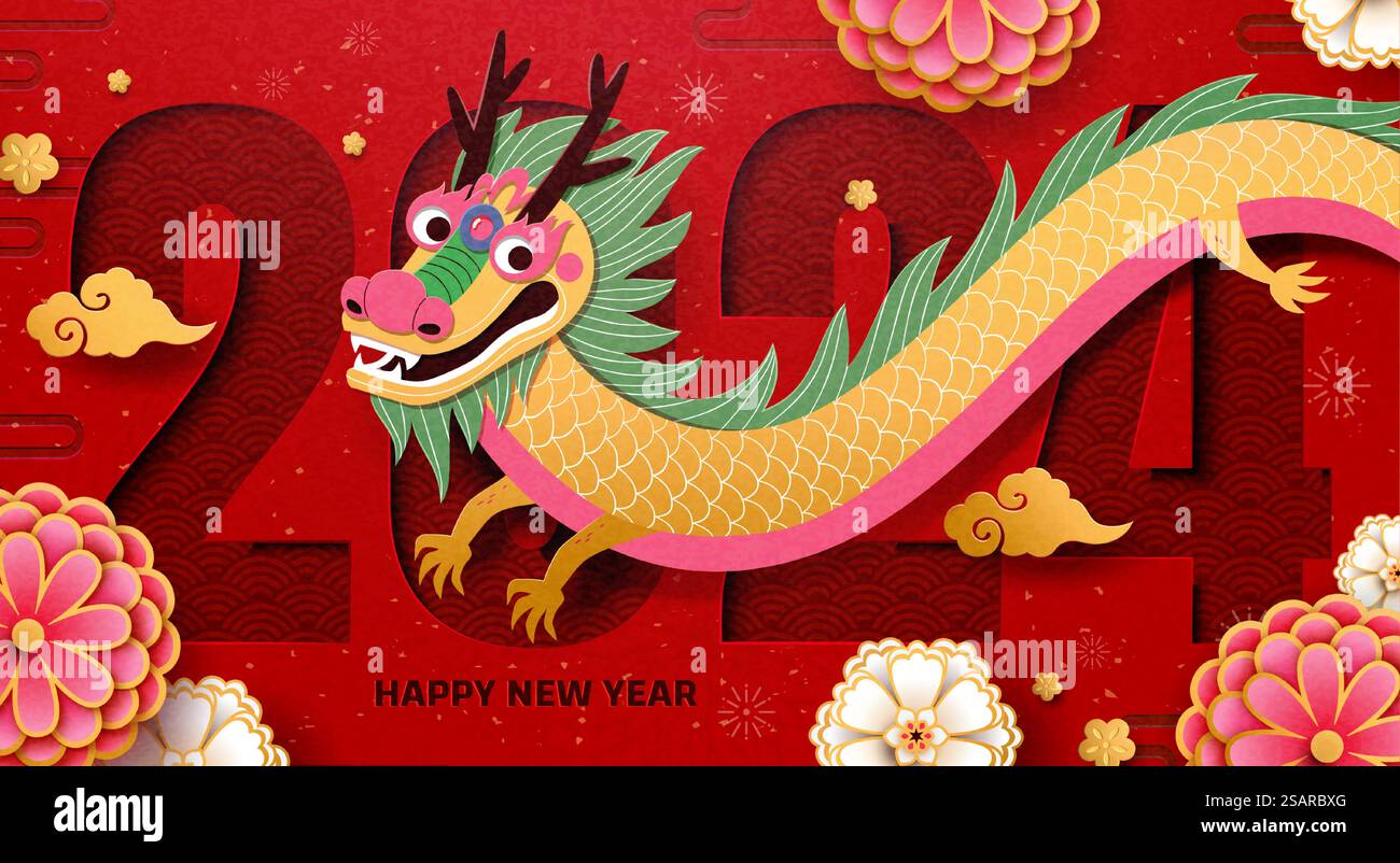 Carte de voeux année dragon CNY orientale. Fleurs de dragon et pivoine sur le motif de vague rouge 2024 fond.. Carte d'année dragon CNY orientale Illustration de Vecteur